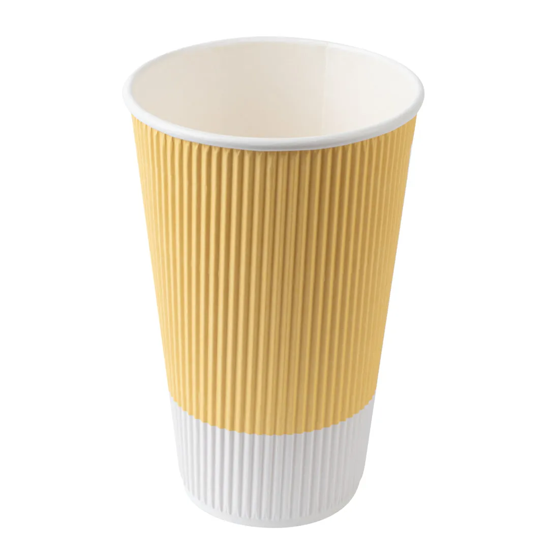 16 oz Light Yellow Paper Ripple Wall Coffee Cup - with White Lid - 3 1/2" x 3 1/2" x 6 1/4" - 200 count box