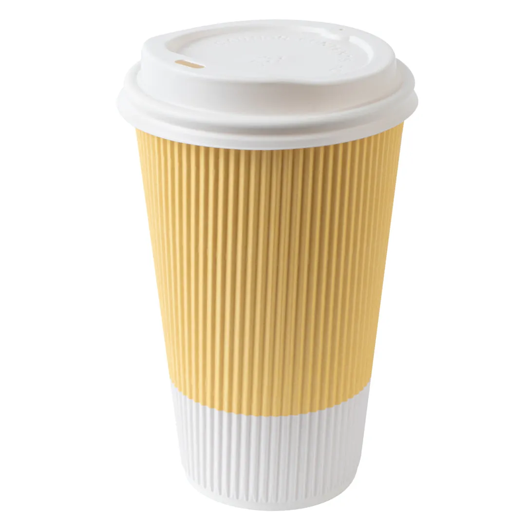 16 oz Light Yellow Paper Ripple Wall Coffee Cup - with White Lid - 3 1/2" x 3 1/2" x 6 1/4" - 200 count box