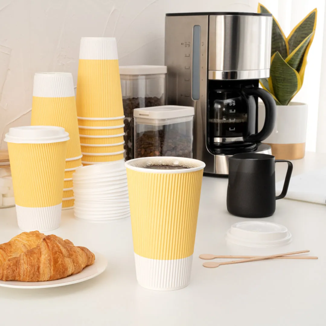 16 oz Light Yellow Paper Ripple Wall Coffee Cup - with White Lid - 3 1/2" x 3 1/2" x 6 1/4" - 200 count box