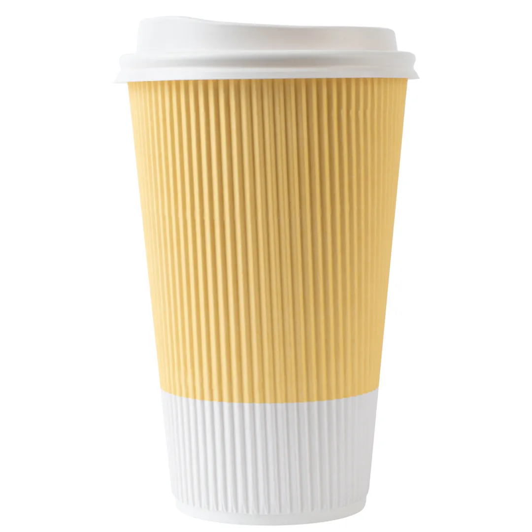 16 oz Light Yellow Paper Ripple Wall Coffee Cup - with White Lid - 3 1/2" x 3 1/2" x 6 1/4" - 200 count box