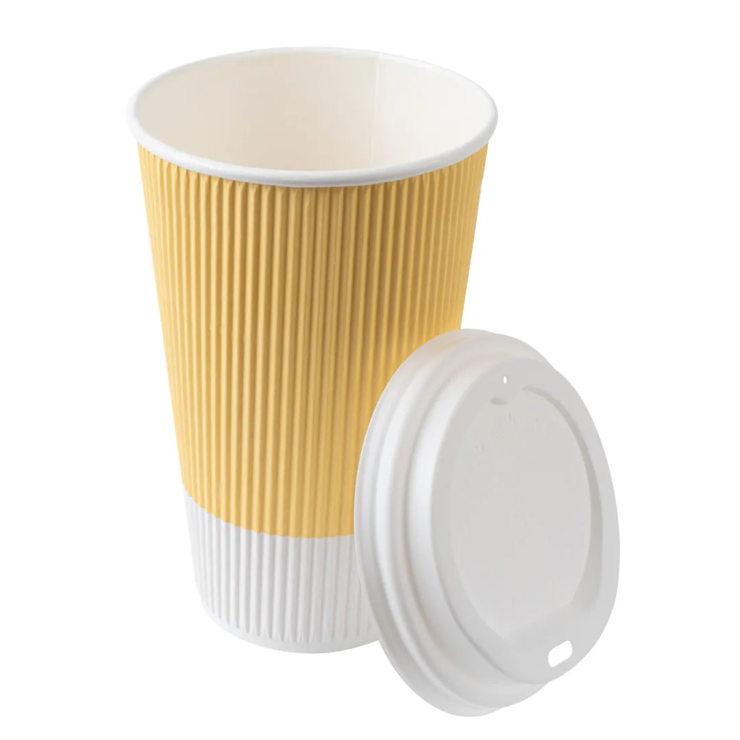 16 oz Light Yellow Paper Ripple Wall Coffee Cup - with White Lid - 3 1/2" x 3 1/2" x 6 1/4" - 200 count box