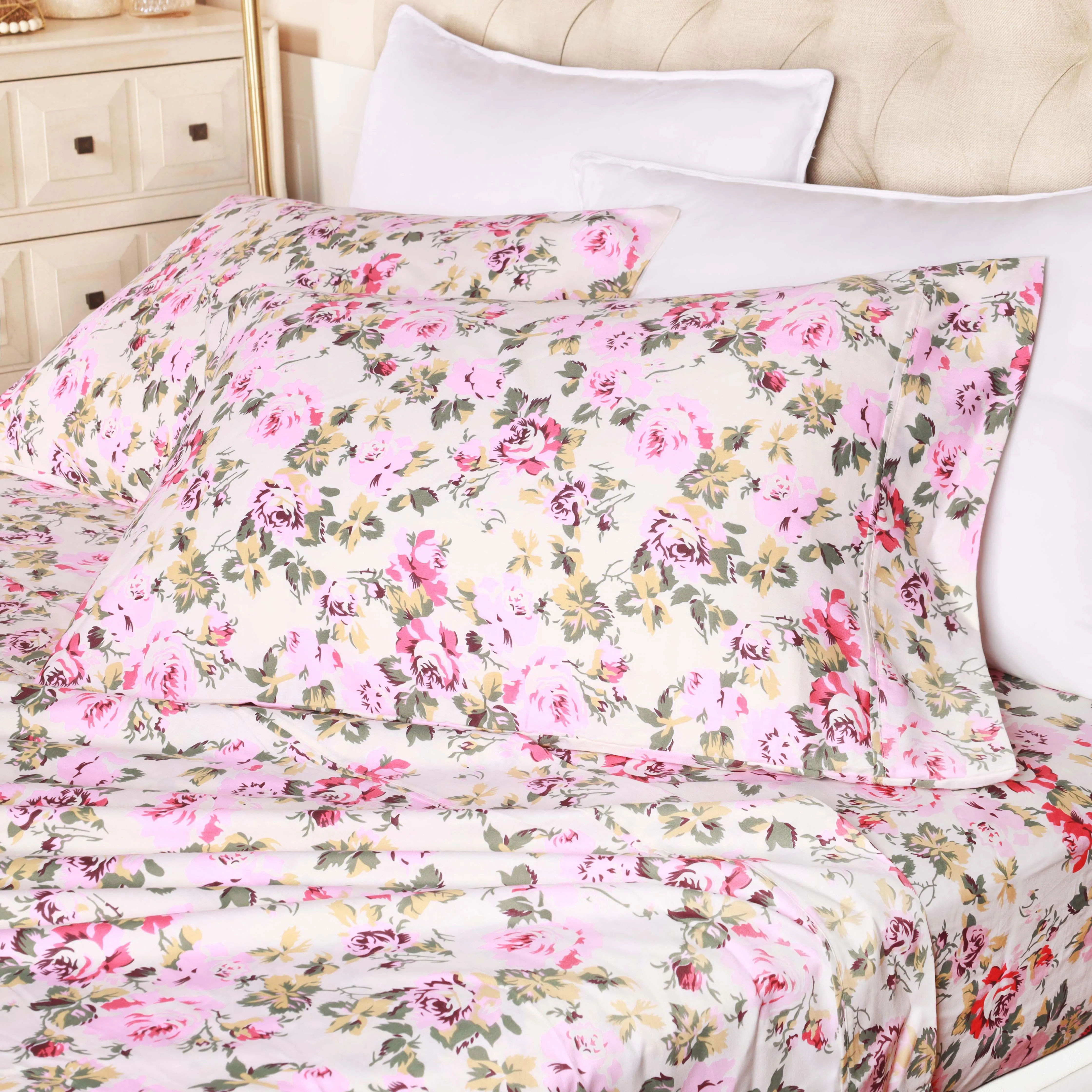 300 Thread Count Cotton Vintage Solid Or Floral Bellflower Sheet Set