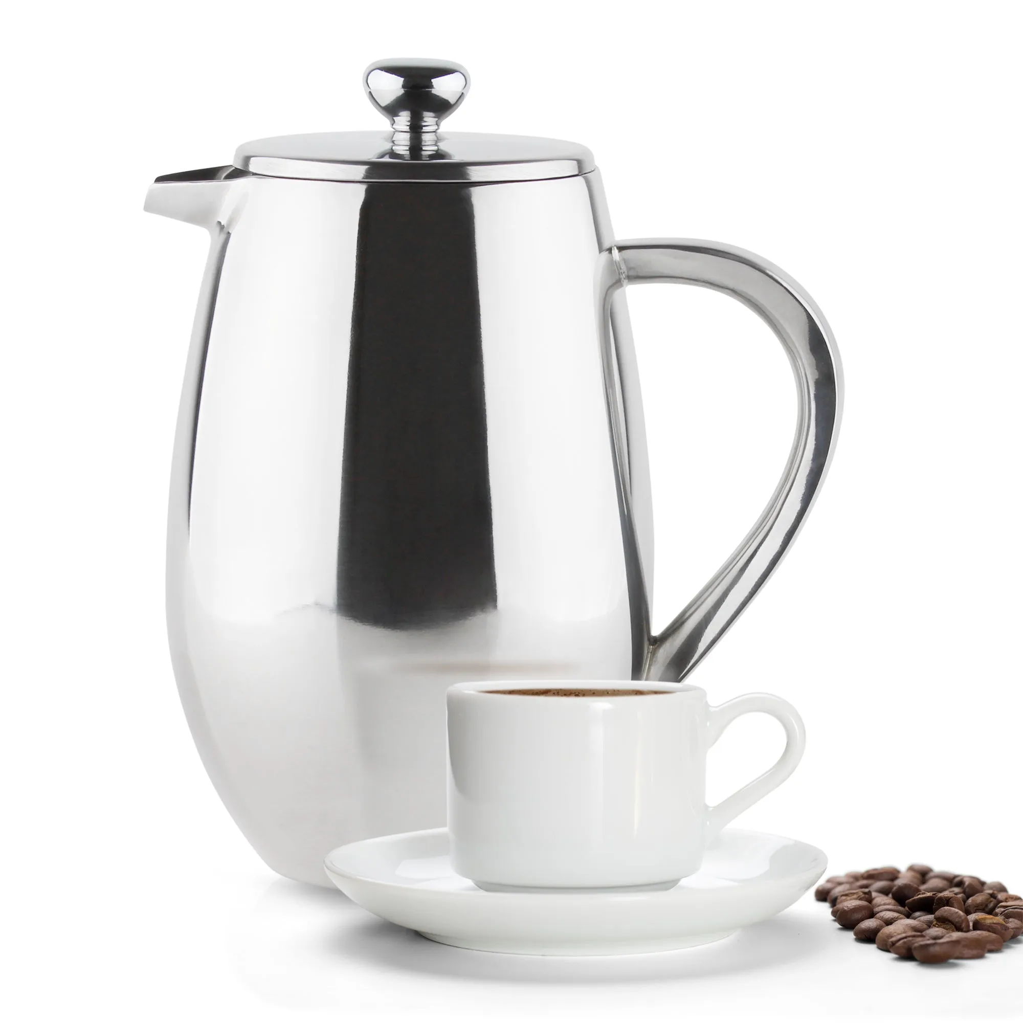 6 Cup Bellied Cafetiere, Double Wall, Mirror