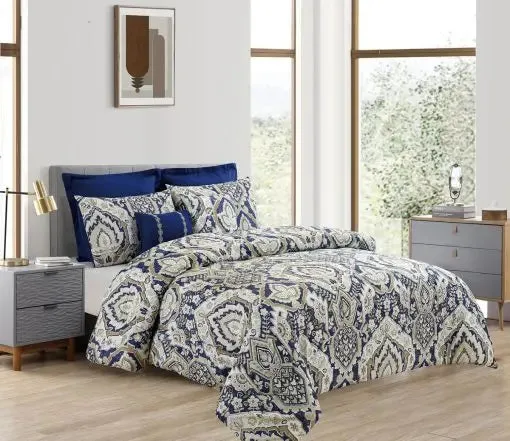 7-Piece Blue Jacquard King Comforter Set Bedding Collection