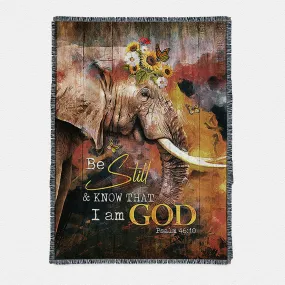 African Elephant Sunflower Be Still And Know That I Am God Woven Throw Boho Blanket - Christian Blanket Prints - Bible Verse Woven Throw Blanket Art