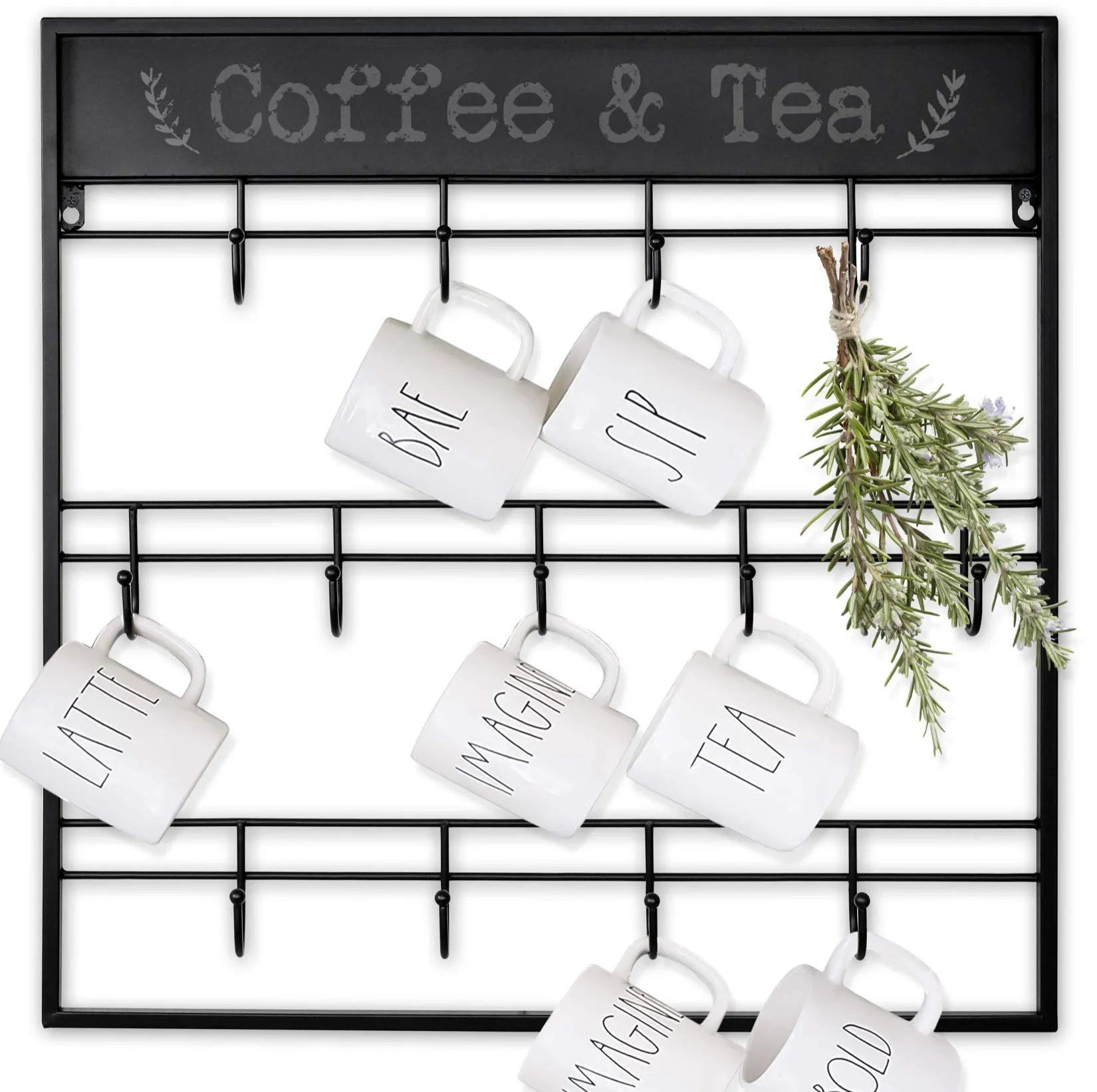 AJART Coffee Bar Decor Mug Holder: 22" Large Square Coffee Cup Rack for Home Kitchen Office Dining Room Cafe Bar