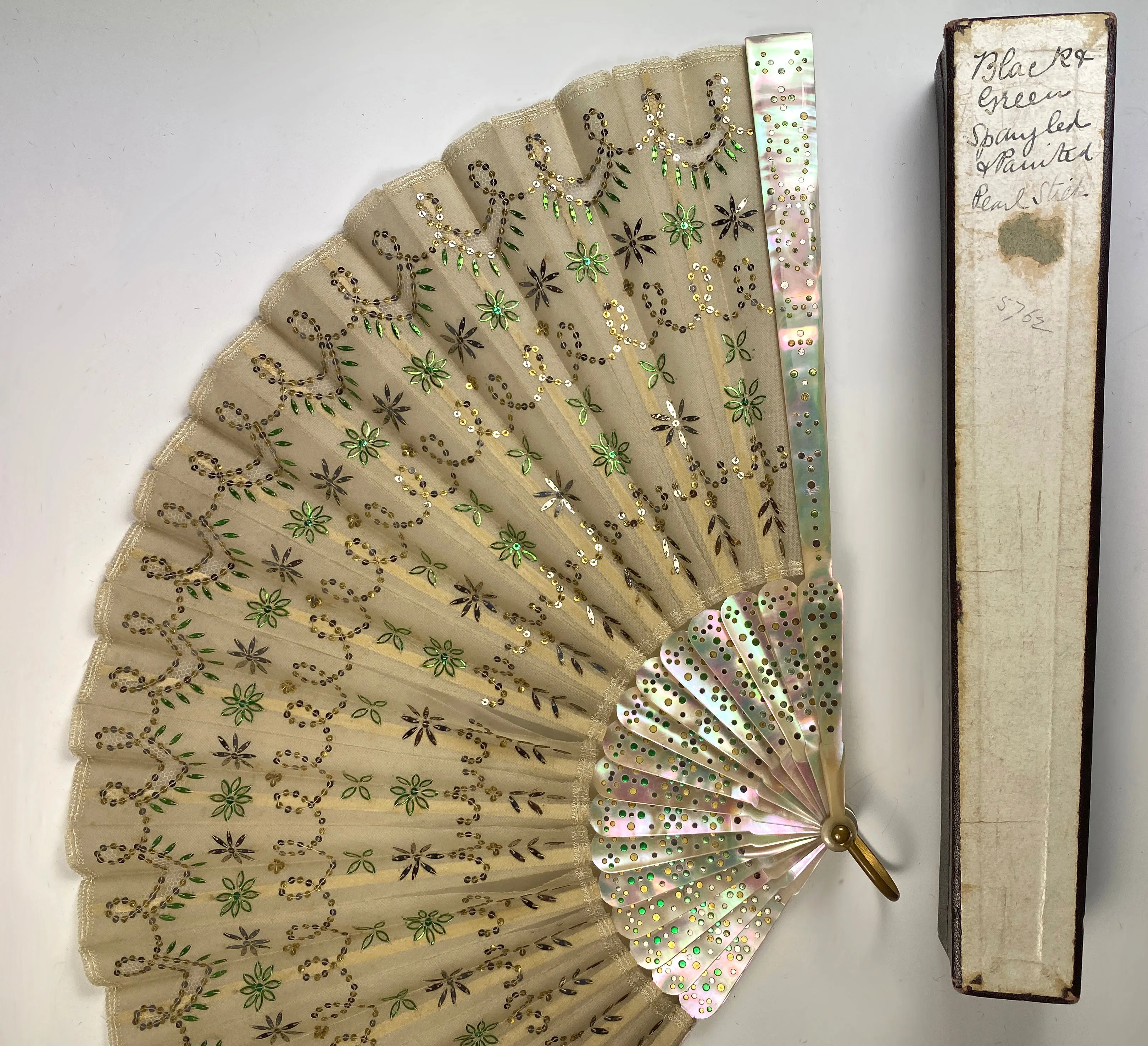 Antique c.1890-1915 French Opera Fan, 9.5" Mother of Pearl, Pique, Silk w Sequins, Sparkle, Fan Box