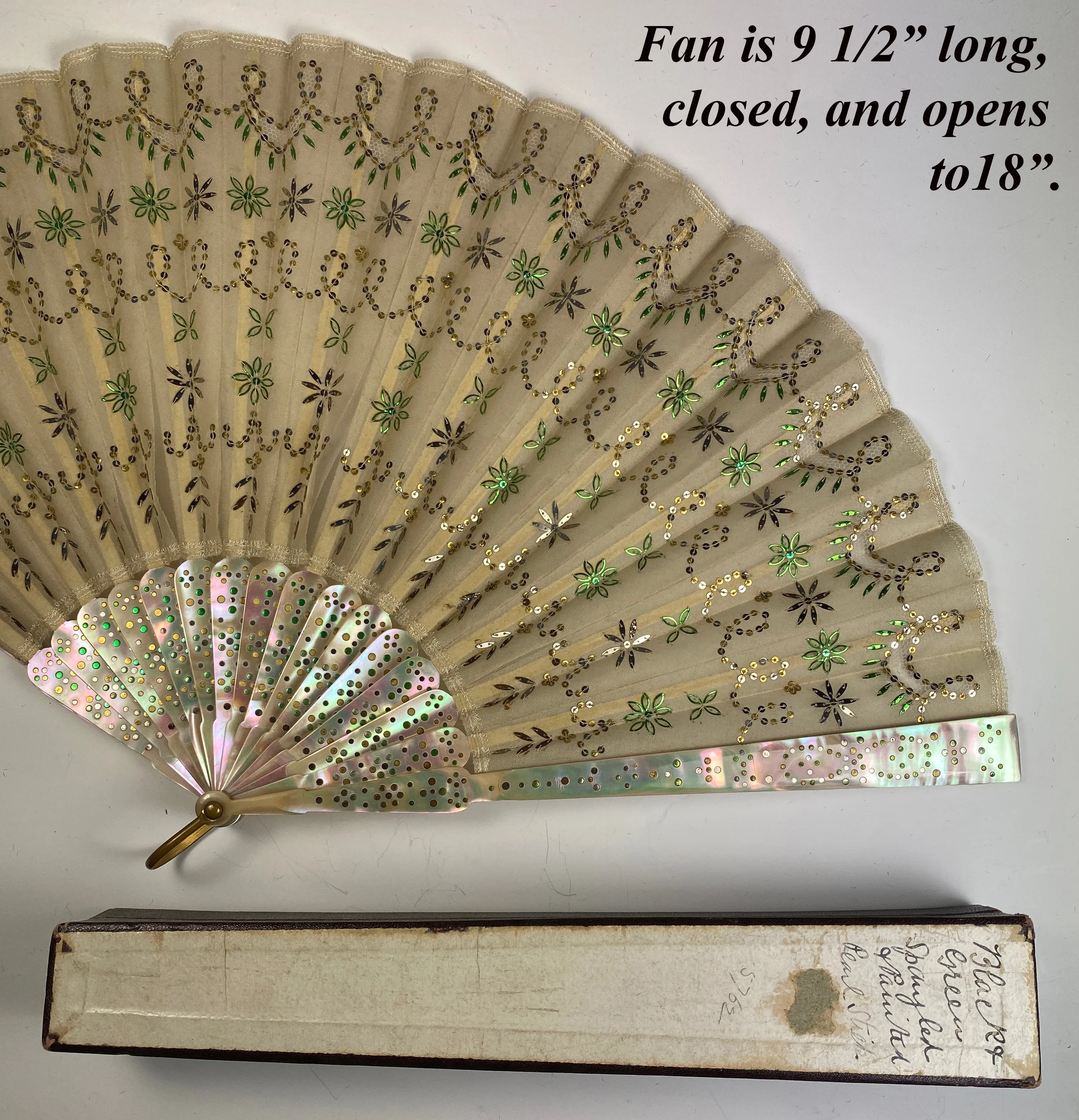 Antique c.1890-1915 French Opera Fan, 9.5" Mother of Pearl, Pique, Silk w Sequins, Sparkle, Fan Box