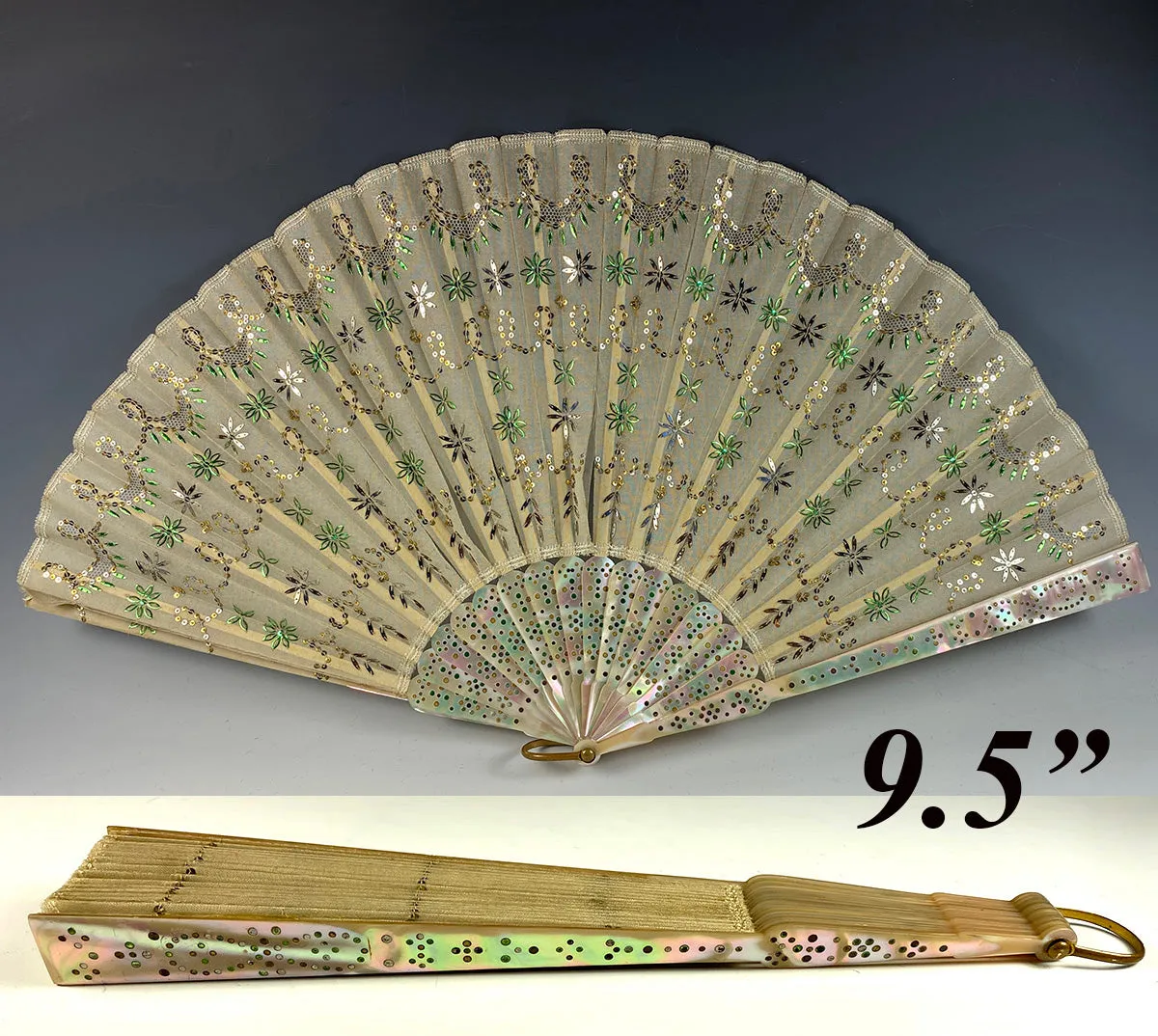 Antique c.1890-1915 French Opera Fan, 9.5" Mother of Pearl, Pique, Silk w Sequins, Sparkle, Fan Box