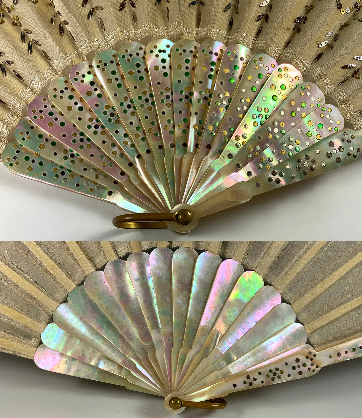 Antique c.1890-1915 French Opera Fan, 9.5" Mother of Pearl, Pique, Silk w Sequins, Sparkle, Fan Box