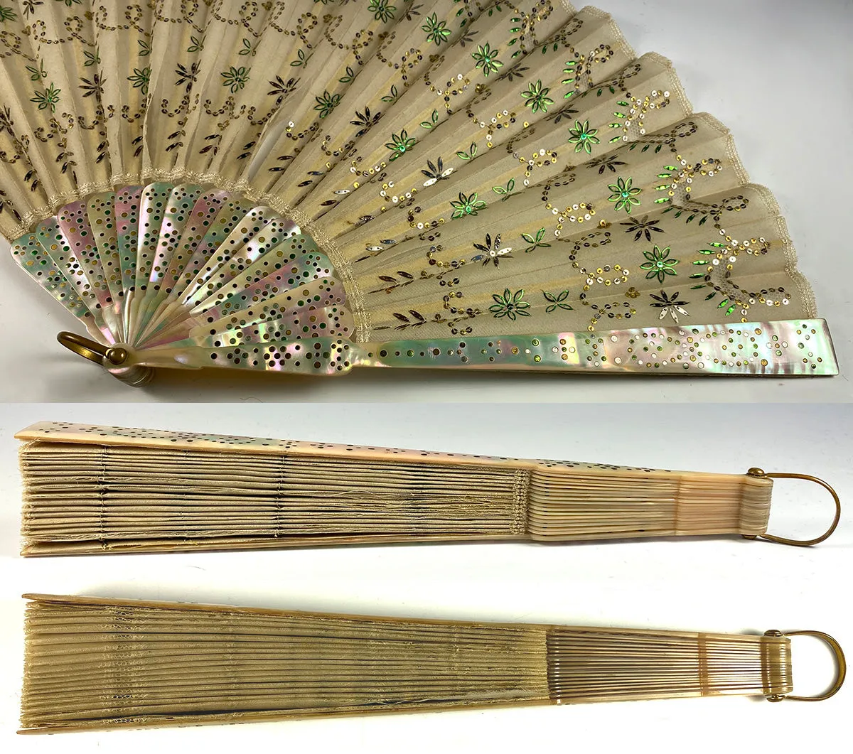 Antique c.1890-1915 French Opera Fan, 9.5" Mother of Pearl, Pique, Silk w Sequins, Sparkle, Fan Box