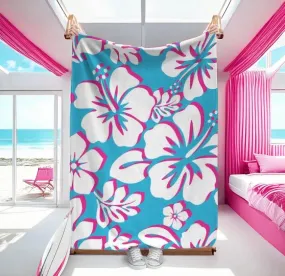 Aqua Blue, White and Hot Pink Hawaiian Flowers Minky Throw Blanket