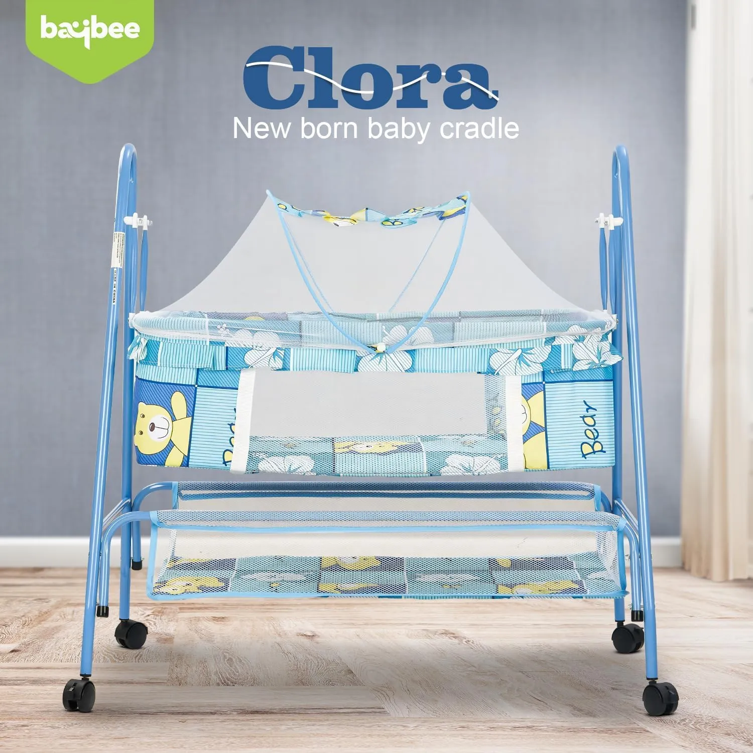 BAYBEE Clora Baby Swing Cradle for Baby | Palna Jhula for New Born Babies with Mosquito Net & Storage Basket | Baby Bedding Set