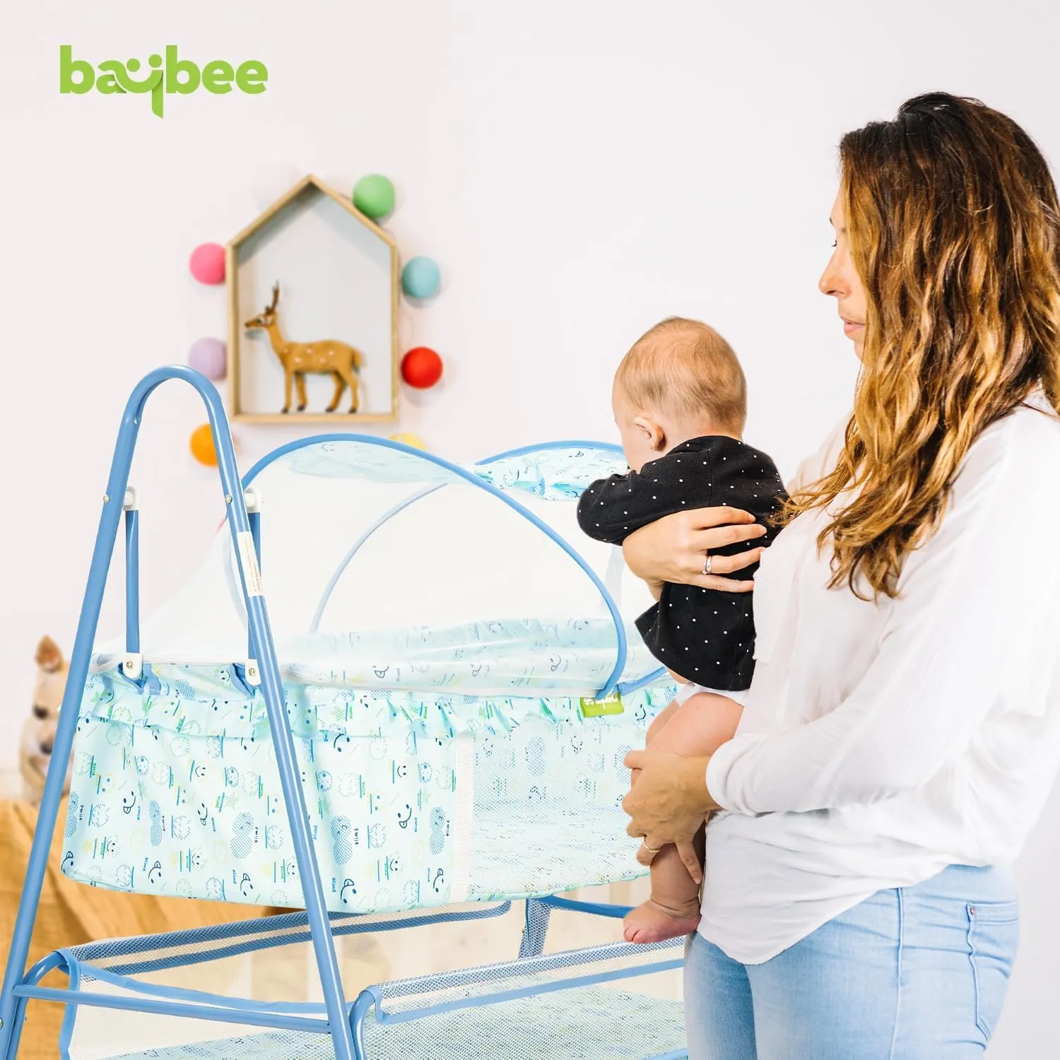 BAYBEE Clora Baby Swing Cradle for Baby | Palna Jhula for New Born Babies with Mosquito Net & Storage Basket | Baby Bedding Set