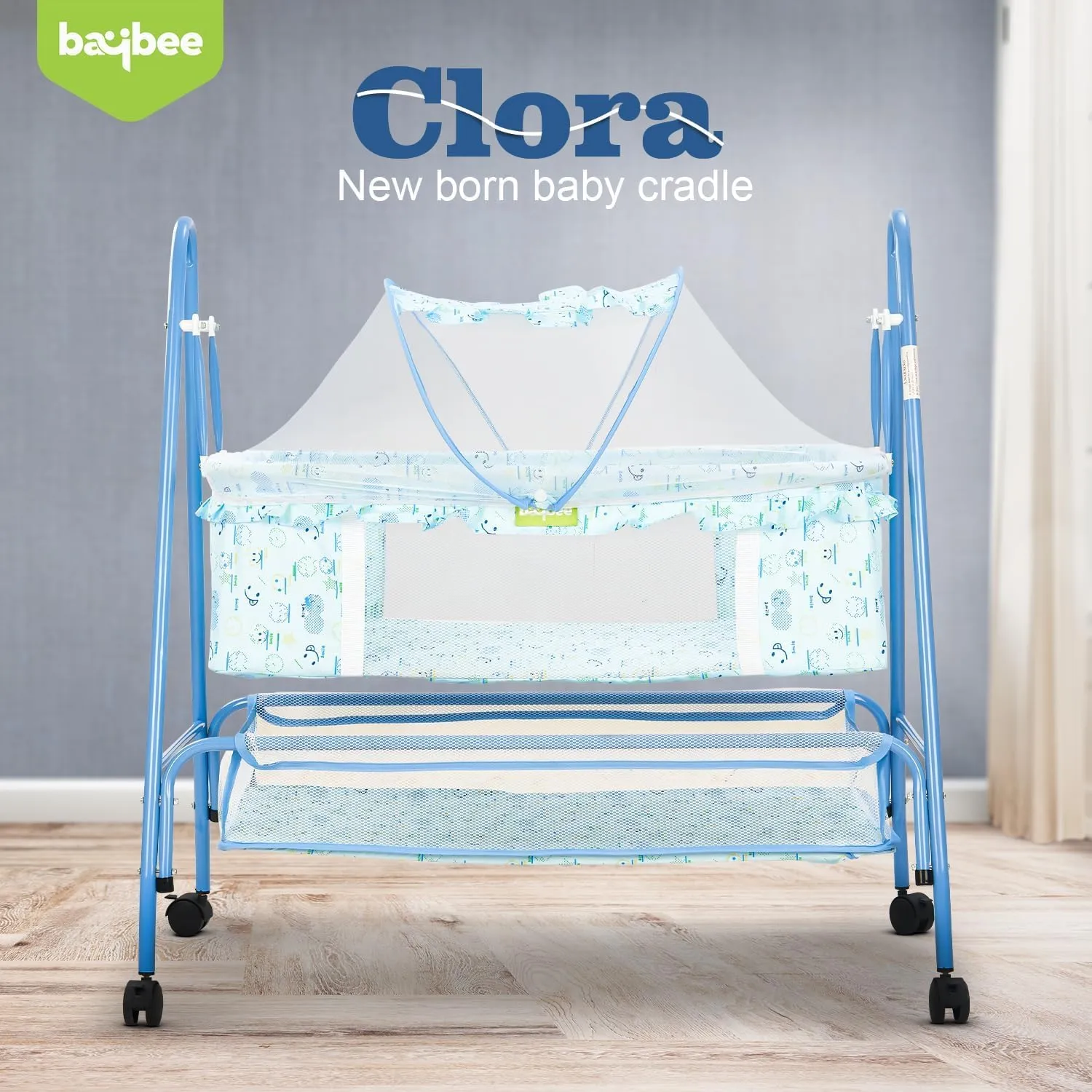 BAYBEE Clora Baby Swing Cradle for Baby | Palna Jhula for New Born Babies with Mosquito Net & Storage Basket | Baby Bedding Set