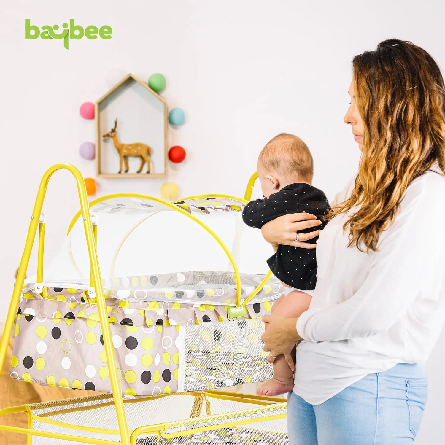 BAYBEE Clora Baby Swing Cradle for Baby | Palna Jhula for New Born Babies with Mosquito Net & Storage Basket | Baby Bedding Set