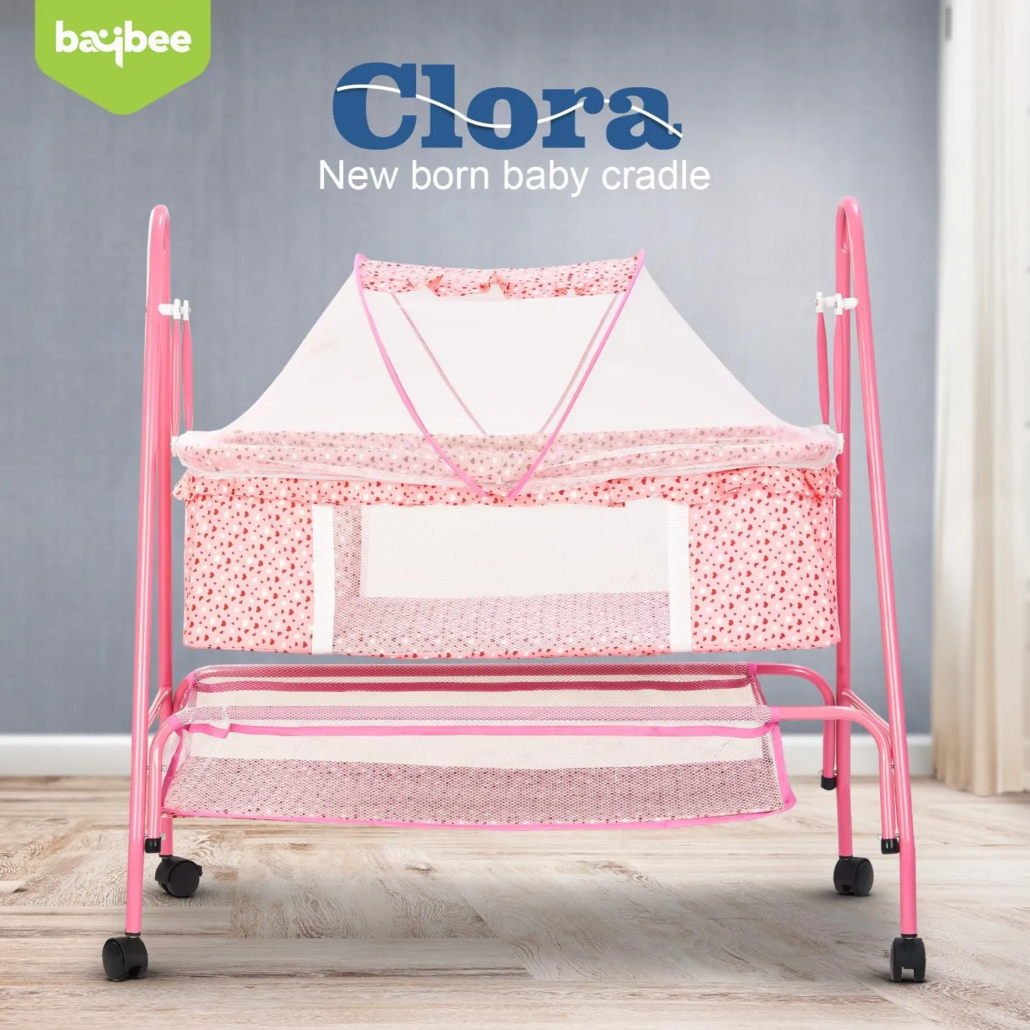 BAYBEE Clora Baby Swing Cradle for Baby | Palna Jhula for New Born Babies with Mosquito Net & Storage Basket | Baby Bedding Set