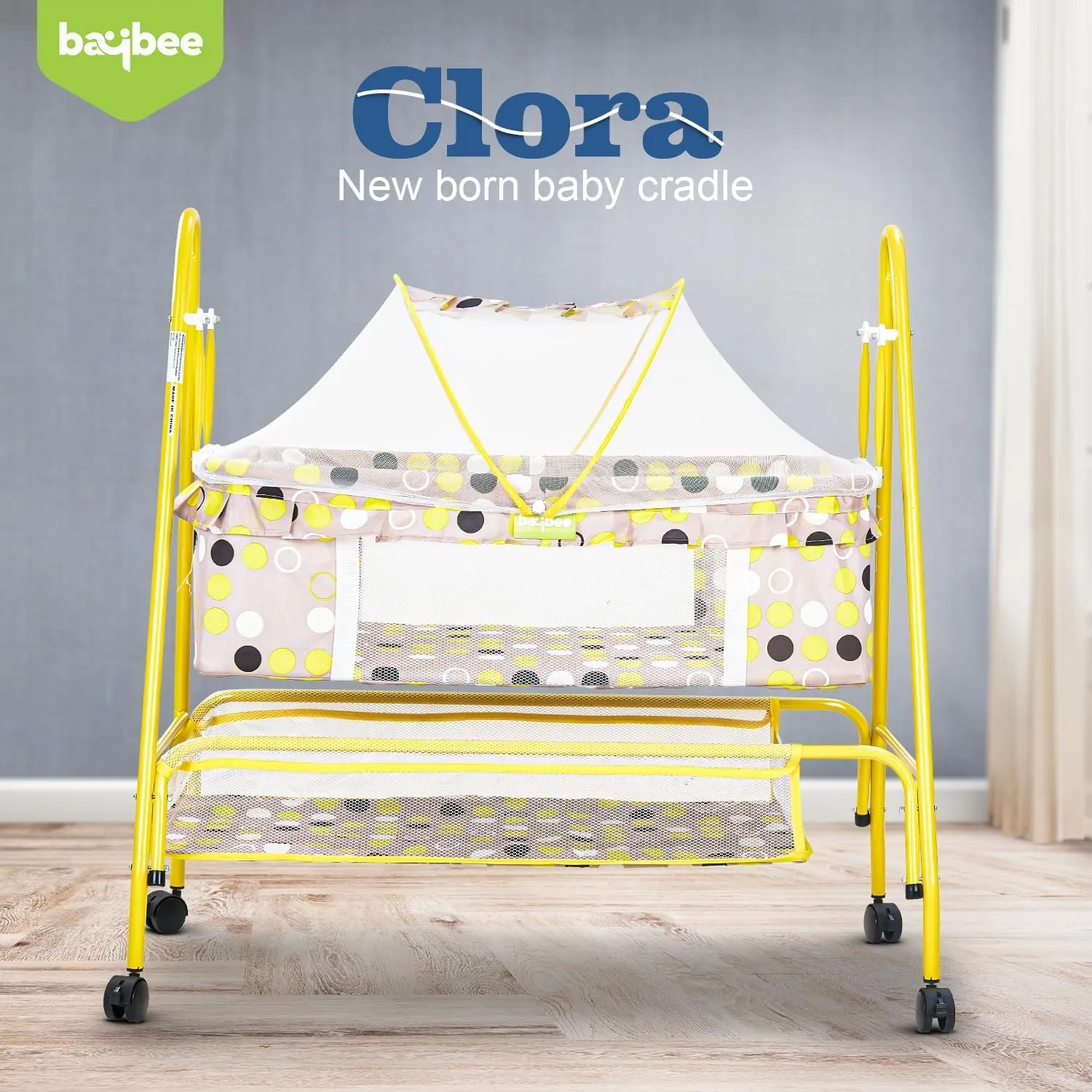 BAYBEE Clora Baby Swing Cradle for Baby | Palna Jhula for New Born Babies with Mosquito Net & Storage Basket | Baby Bedding Set