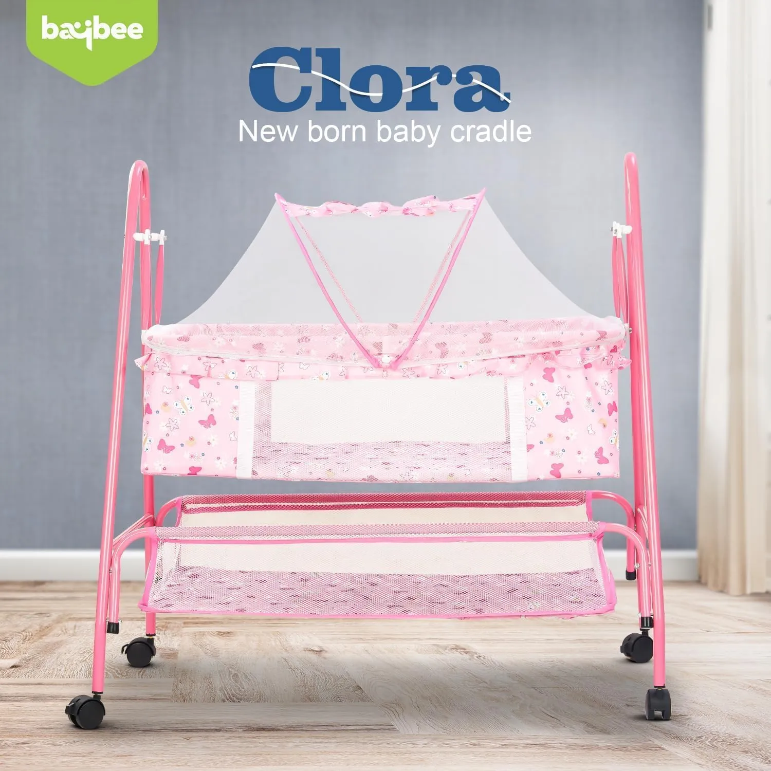 BAYBEE Clora Baby Swing Cradle for Baby | Palna Jhula for New Born Babies with Mosquito Net & Storage Basket | Baby Bedding Set