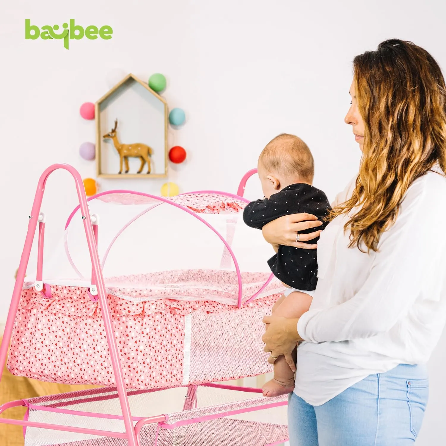 BAYBEE Clora Baby Swing Cradle for Baby | Palna Jhula for New Born Babies with Mosquito Net & Storage Basket | Baby Bedding Set