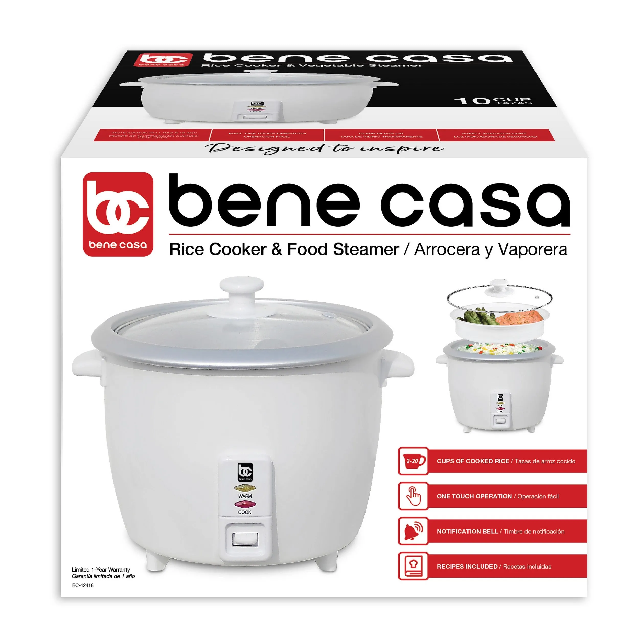 Bene Casa 6-Cup Rice Cooker w/ Glass Lid, Auto cut off, Steamer, & Keep Warm