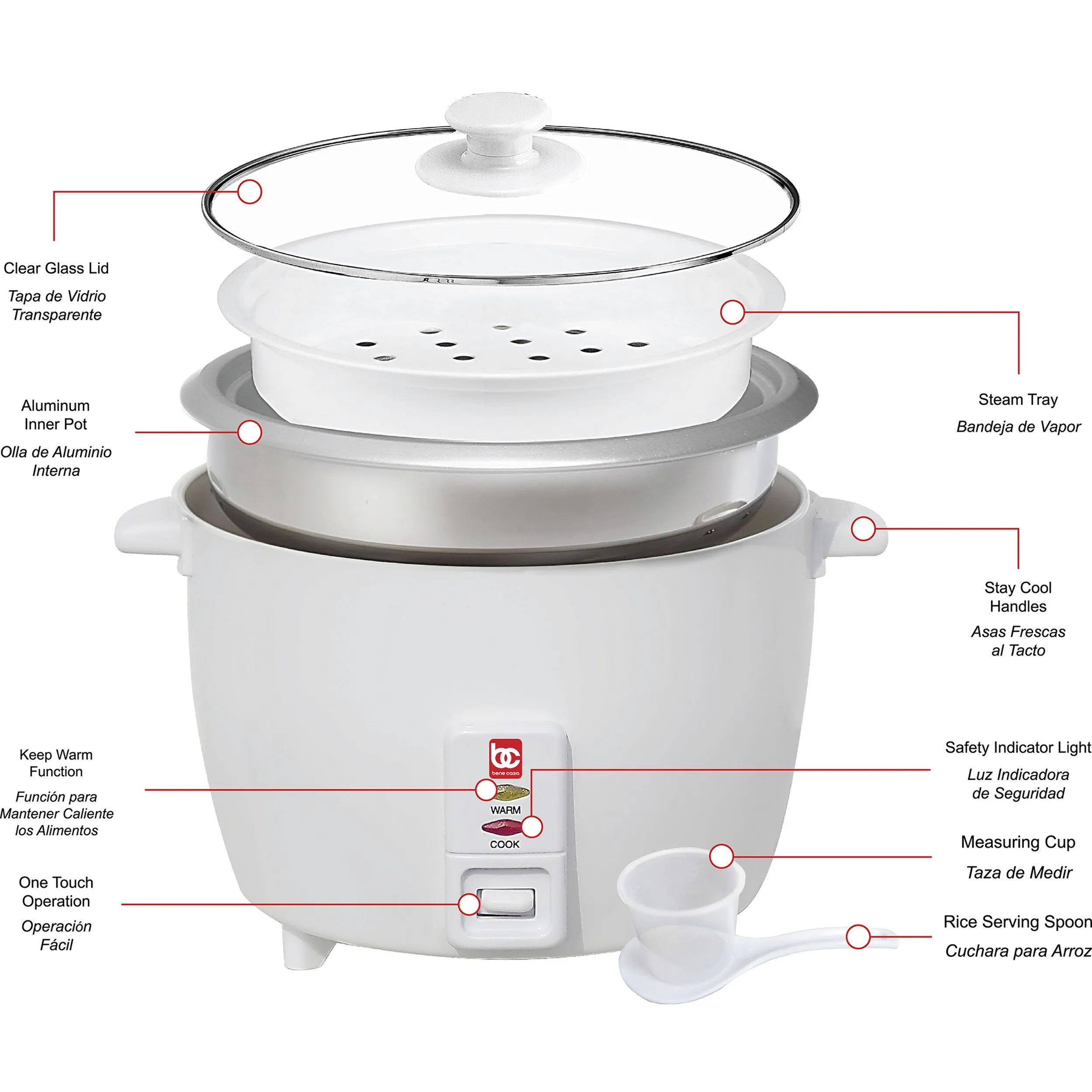 Bene Casa 6-Cup Rice Cooker w/ Glass Lid, Auto cut off, Steamer, & Keep Warm