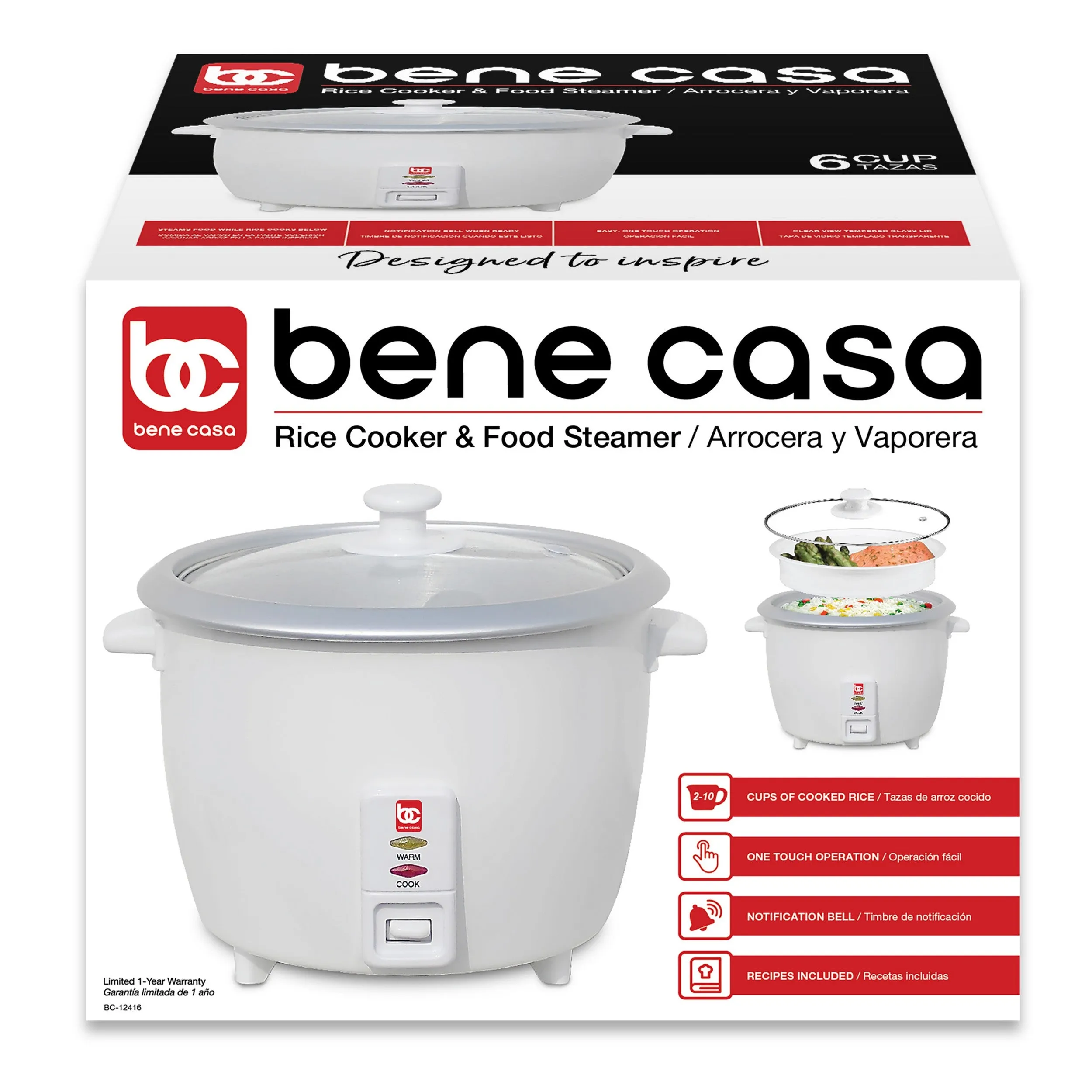 Bene Casa 6-Cup Rice Cooker w/ Glass Lid, Auto cut off, Steamer, & Keep Warm