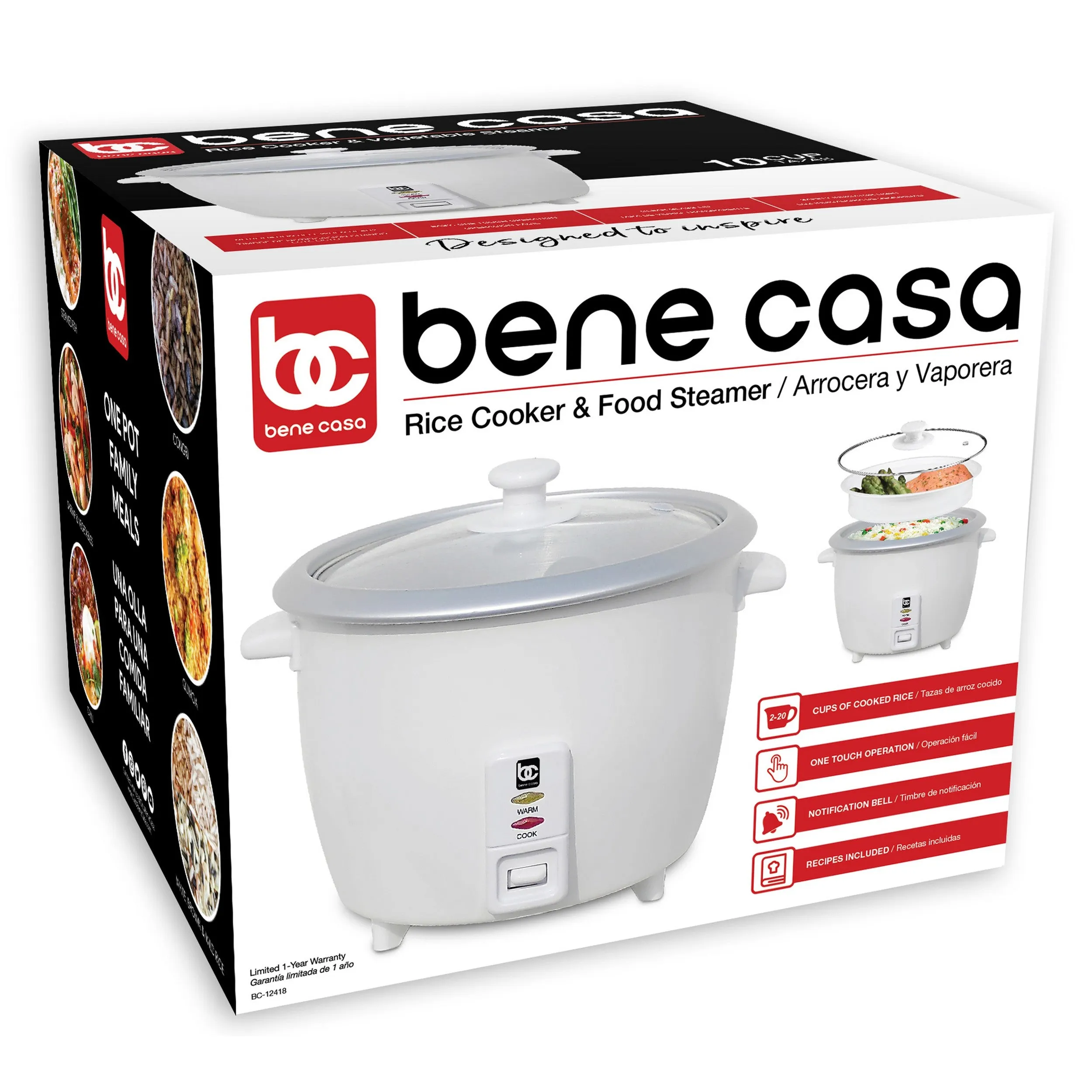 Bene Casa 6-Cup Rice Cooker w/ Glass Lid, Auto cut off, Steamer, & Keep Warm