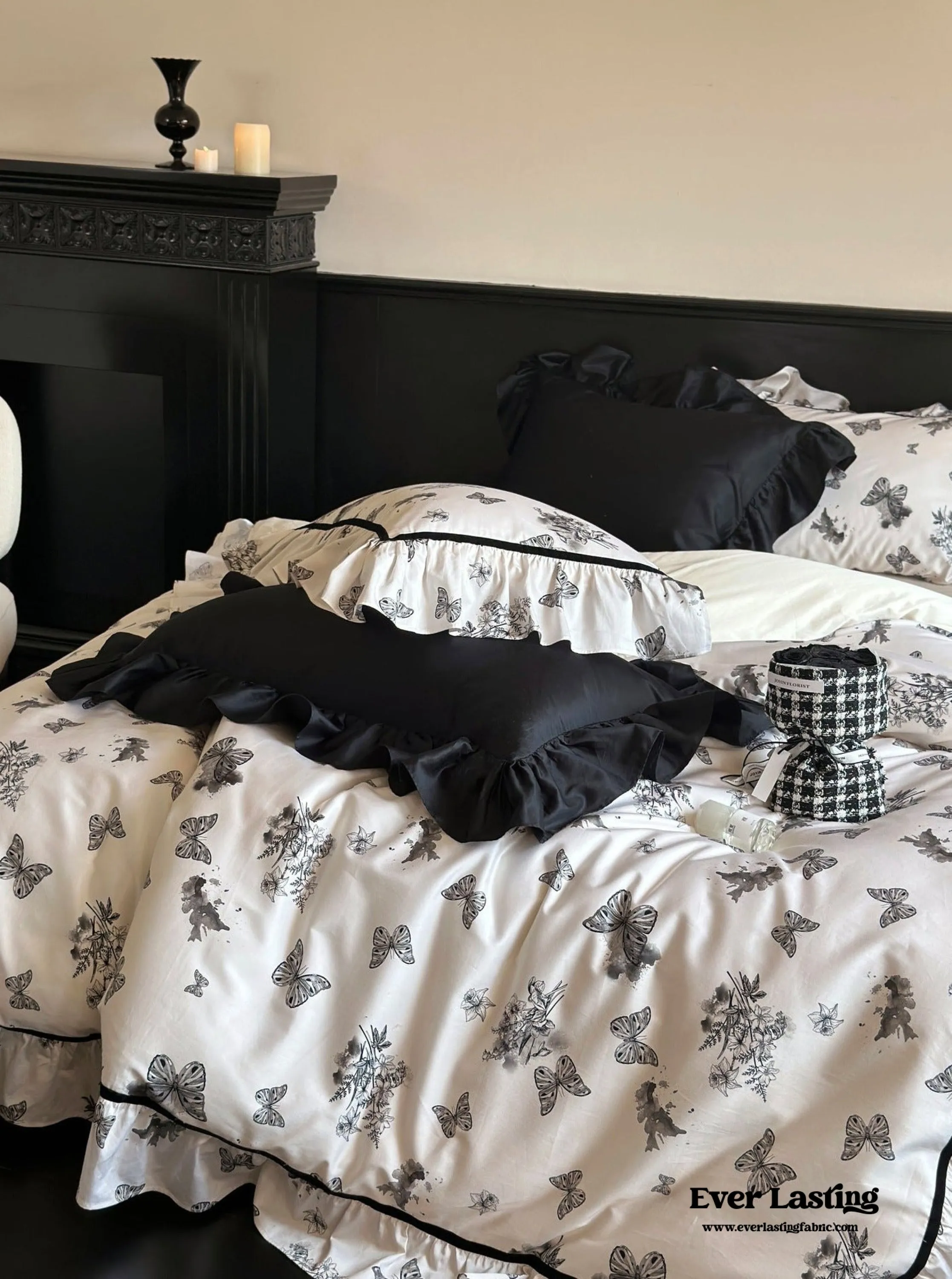 Black & White Butterfly French Ruffle Bedding Set