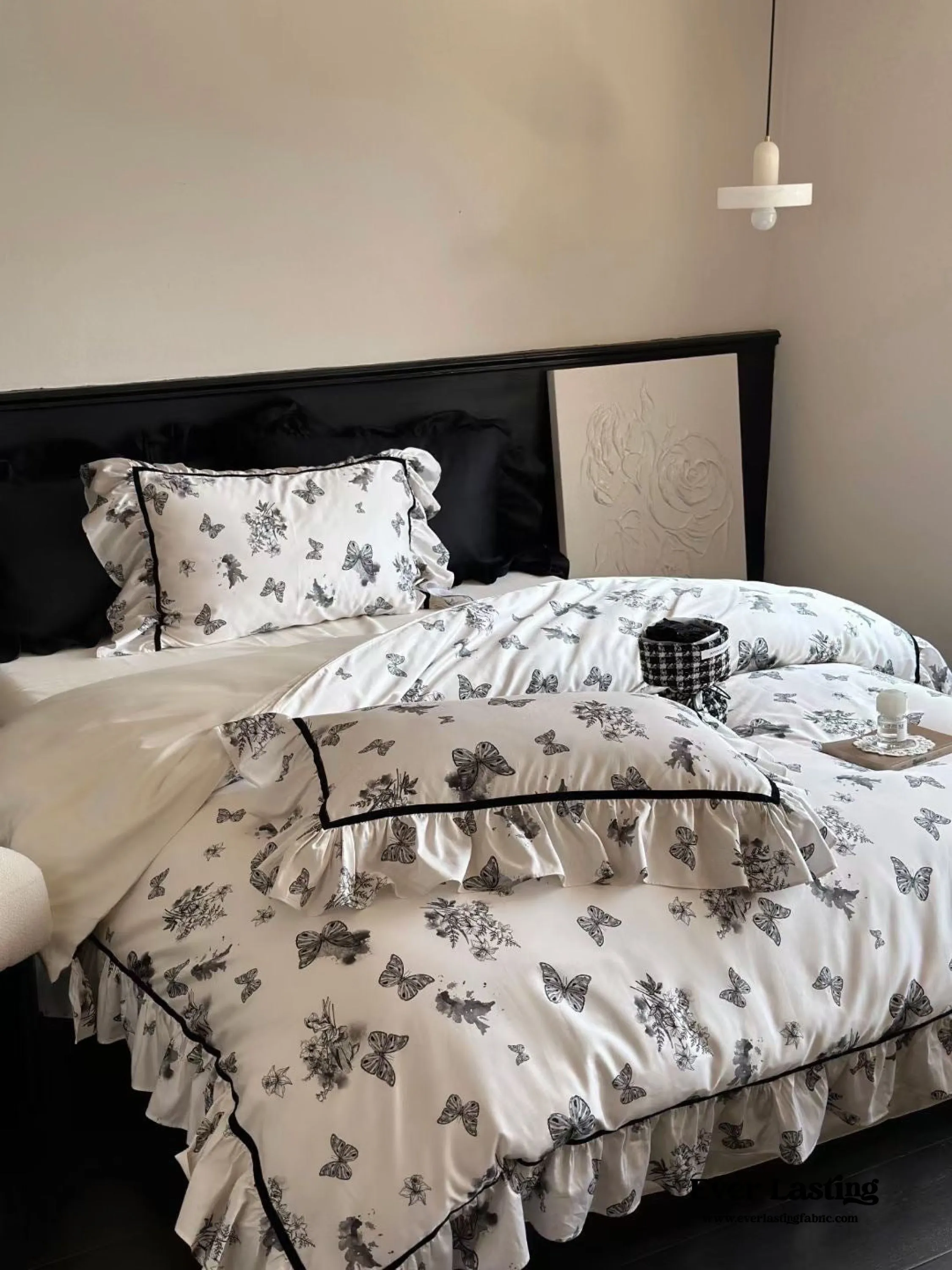 Black & White Butterfly French Ruffle Bedding Set