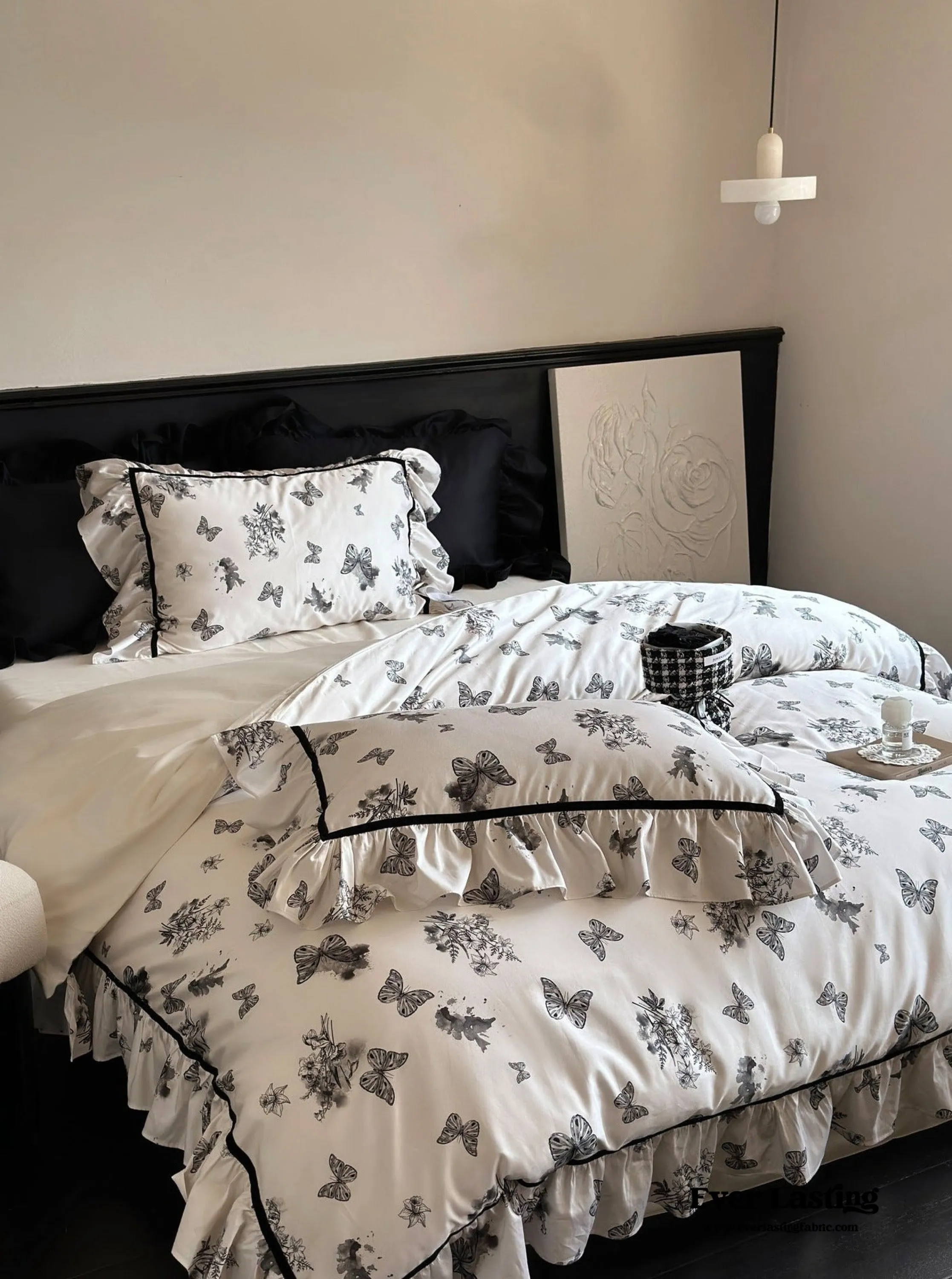 Black & White Butterfly French Ruffle Bedding Set