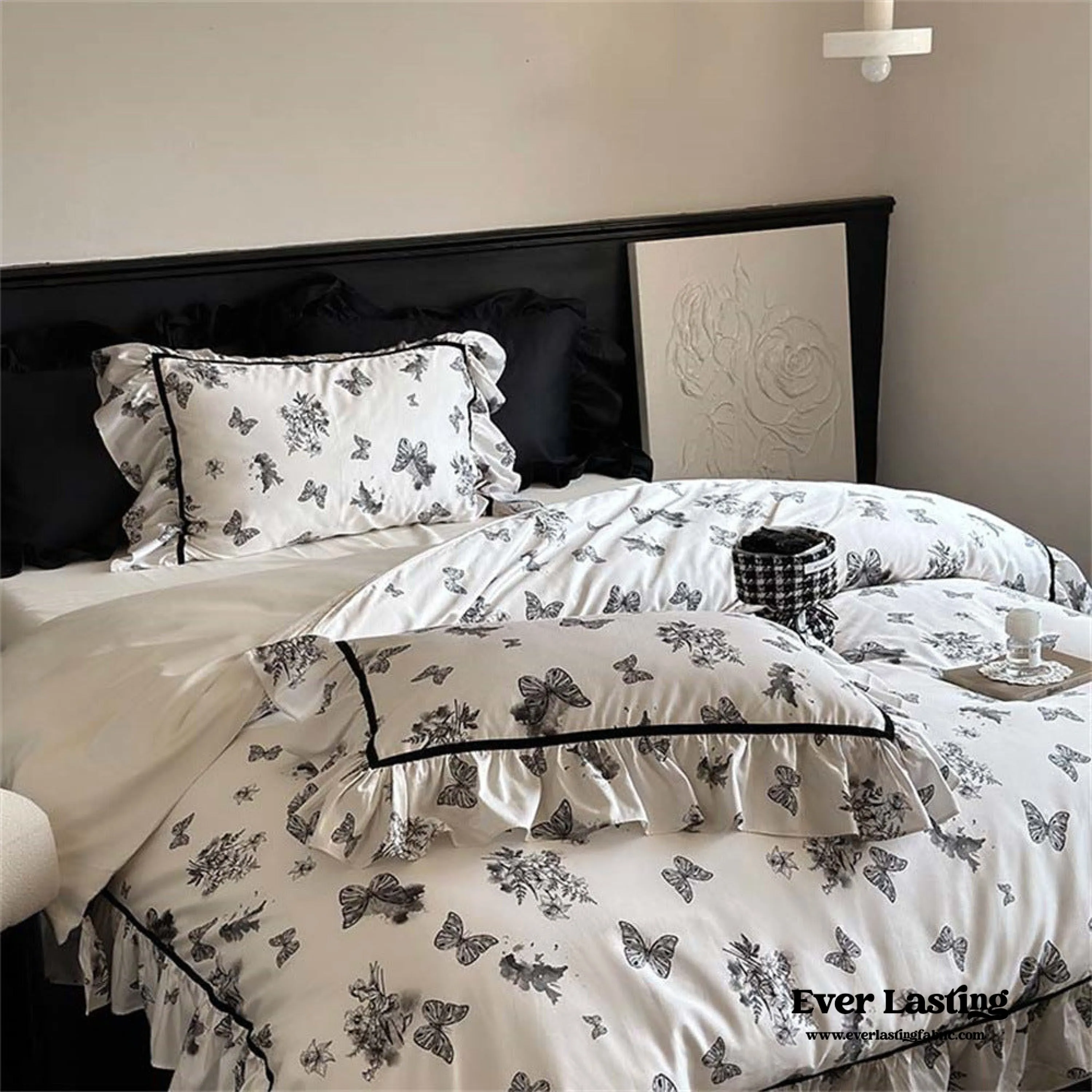 Black & White Butterfly French Ruffle Bedding Set