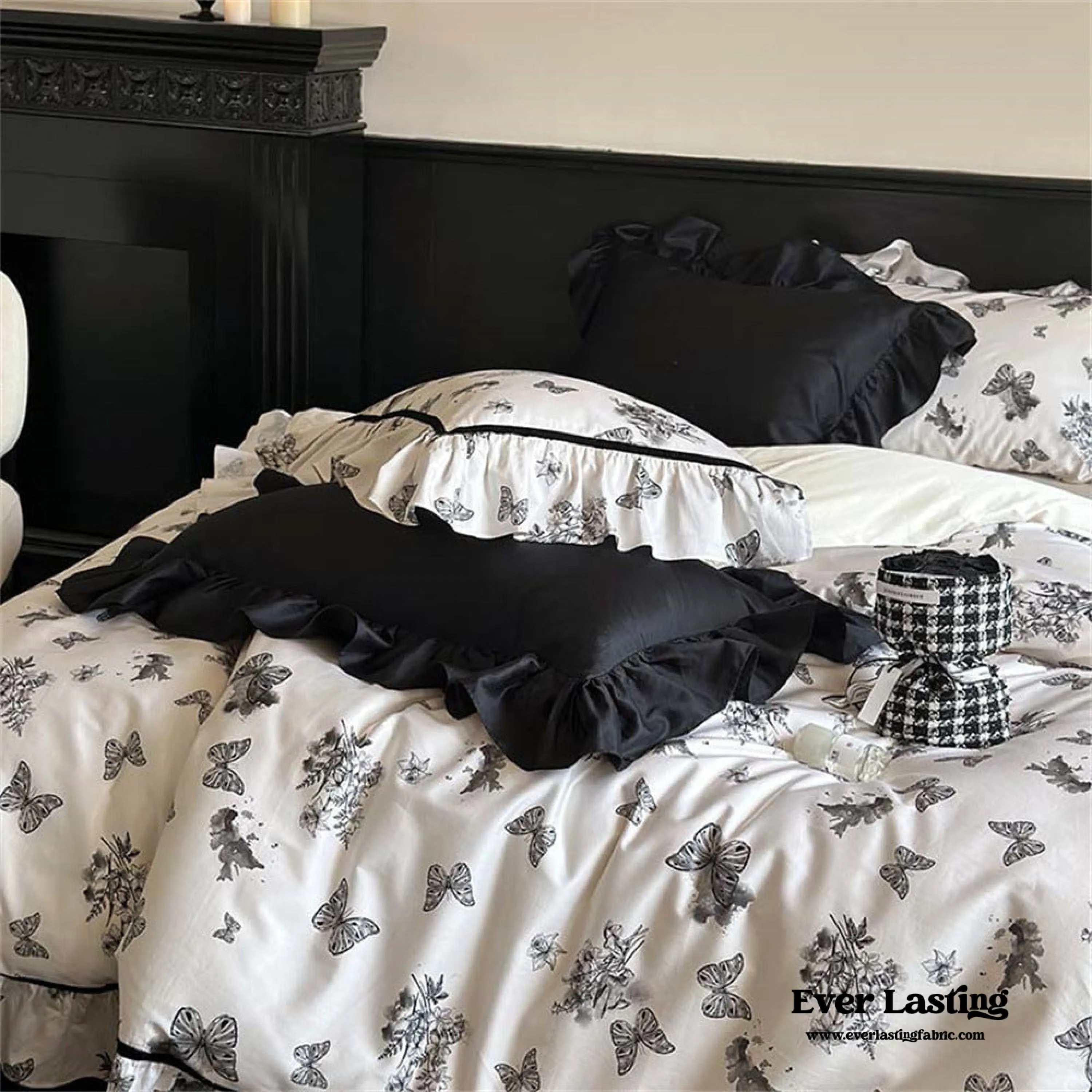 Black & White Butterfly French Ruffle Bedding Set