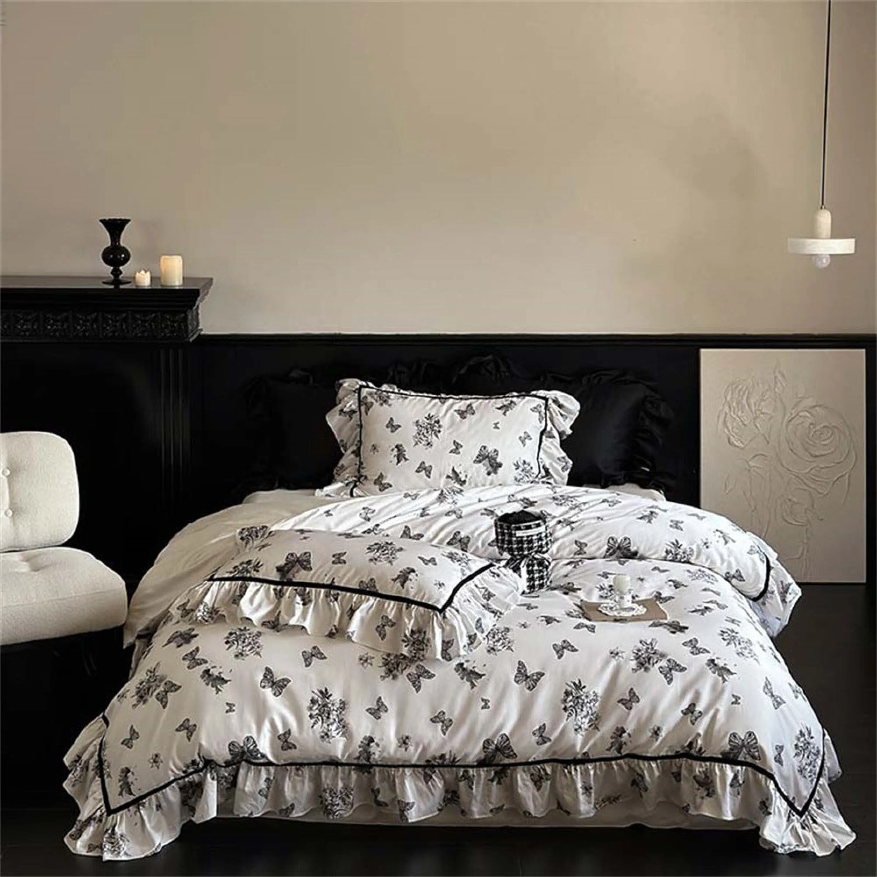 Black & White Butterfly French Ruffle Bedding Set