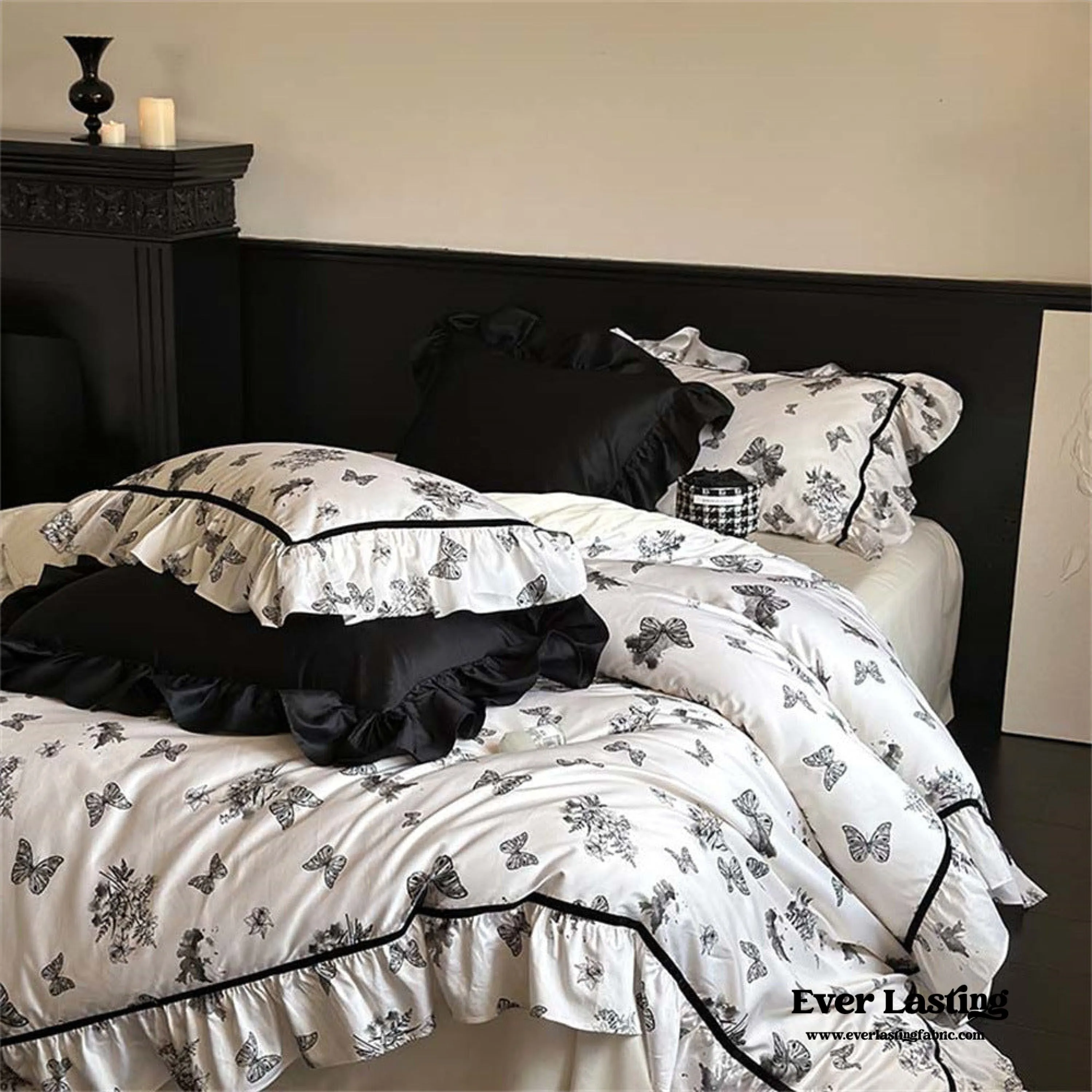 Black & White Butterfly French Ruffle Bedding Set