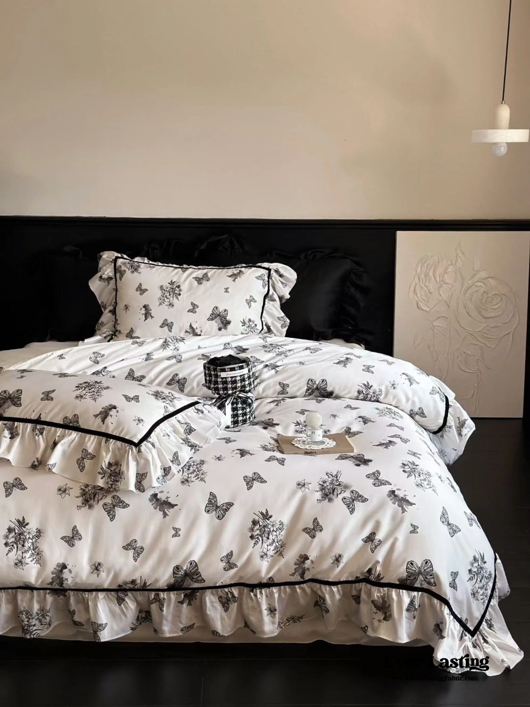 Black & White Butterfly French Ruffle Bedding Set