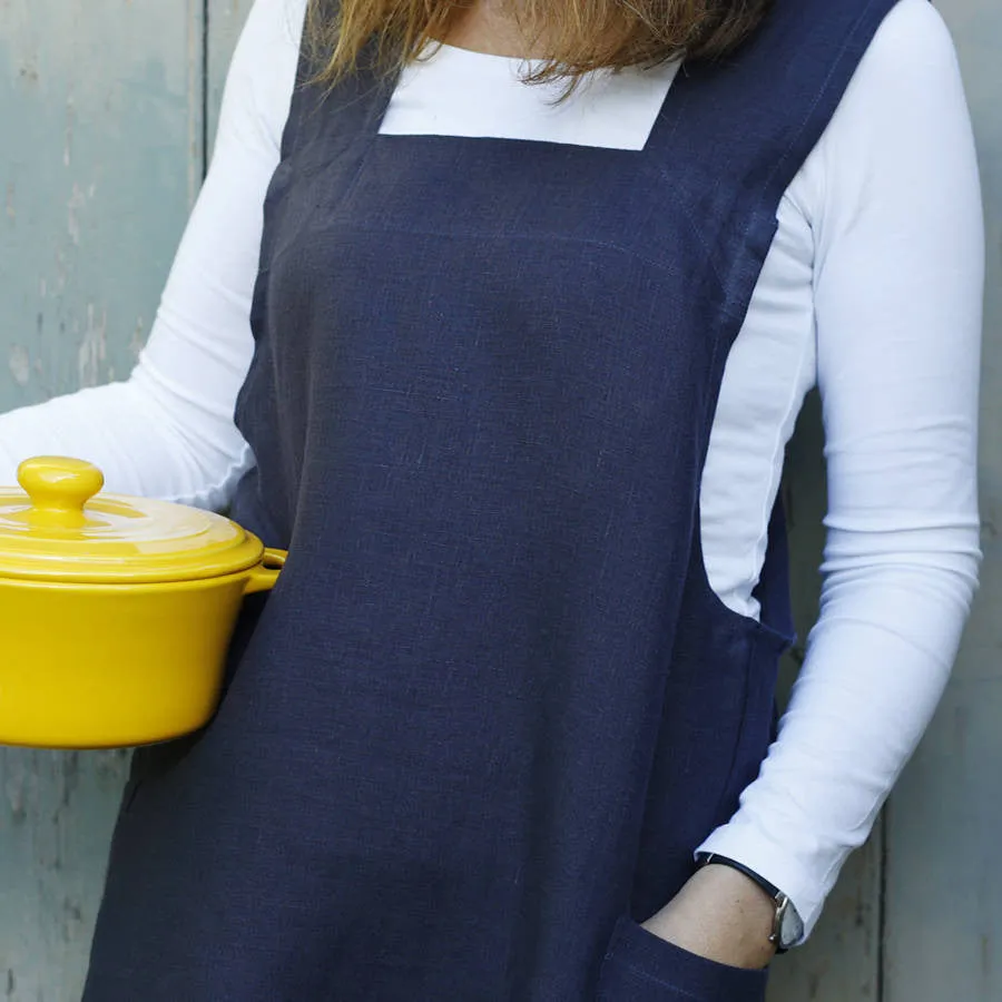 Blue Navy Cross Back Linen Multi Purpose Apron