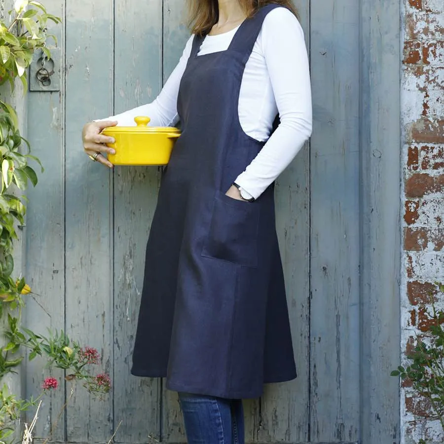 Blue Navy Cross Back Linen Multi Purpose Apron