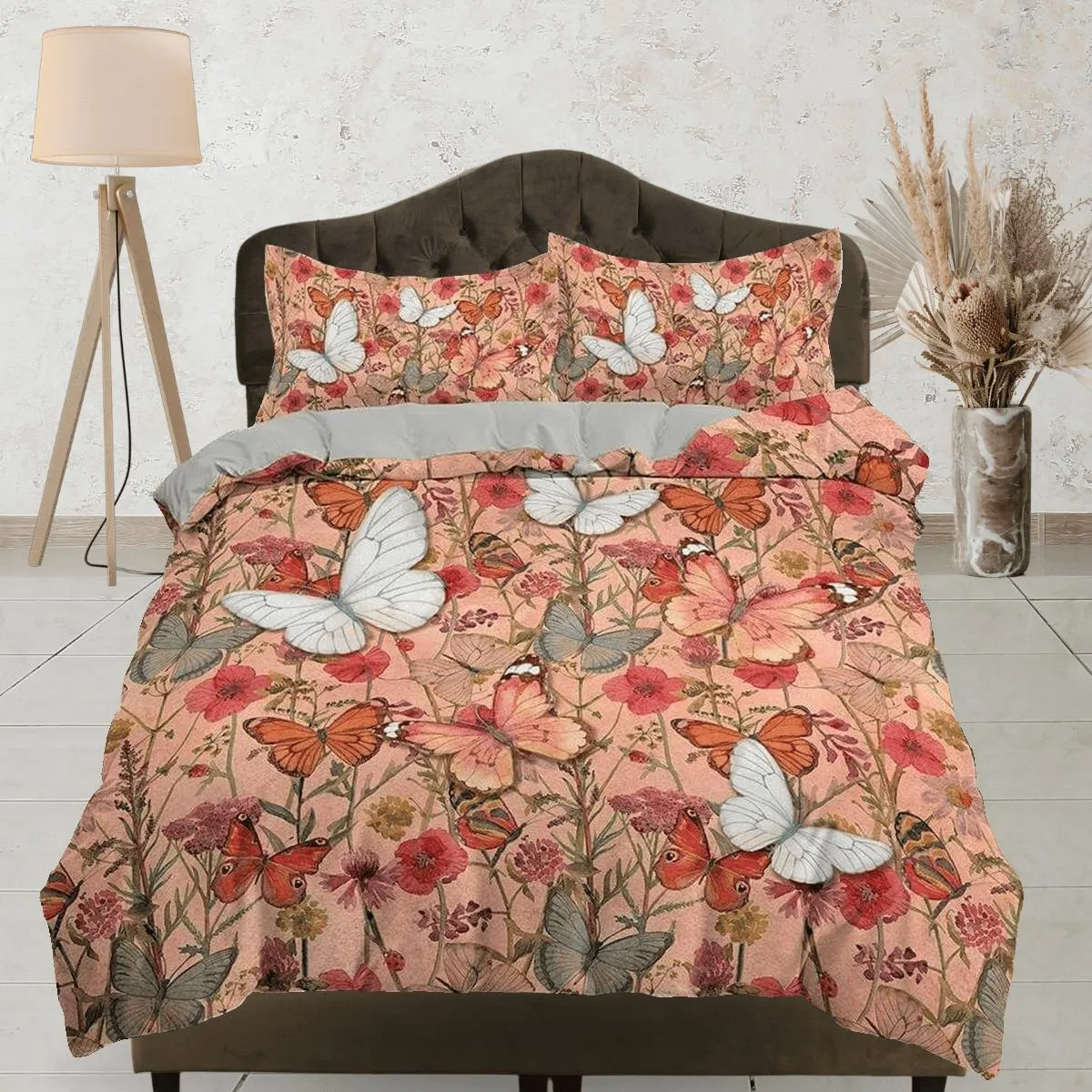 Butterfly coral bedding mid century modern decor duvet cover, dorm bedding full size adult duvet king queen twin, nursery toddler bedding