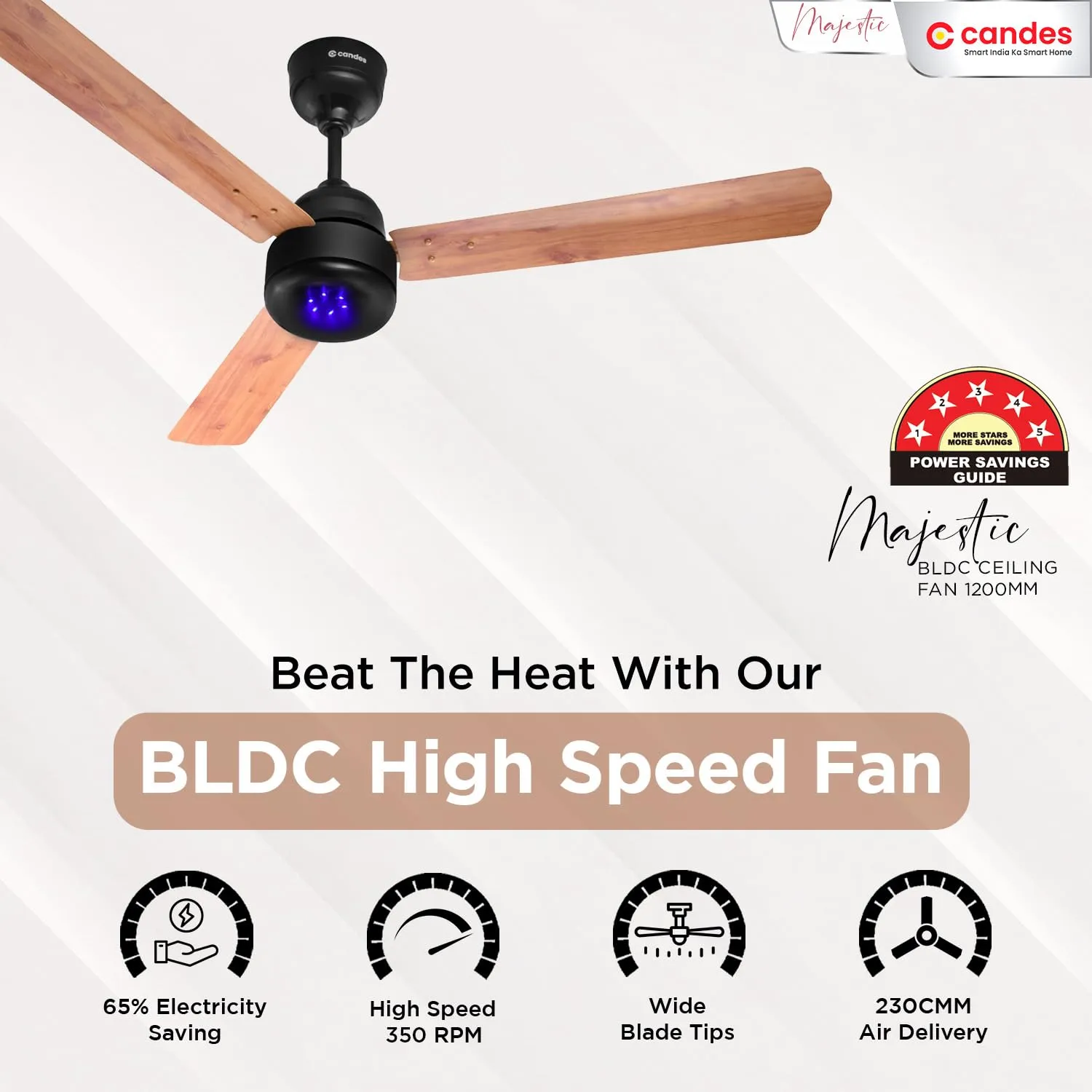 Candes Majestic BLDC LED Ceiling Fan 1200mm / 48 inch | BEE 5 Star Rated, Upto 65% Energy Saving, High Air Delivery & High Speed Ceiling Fans for Home | 2 1 Years Warranty (Wooden)