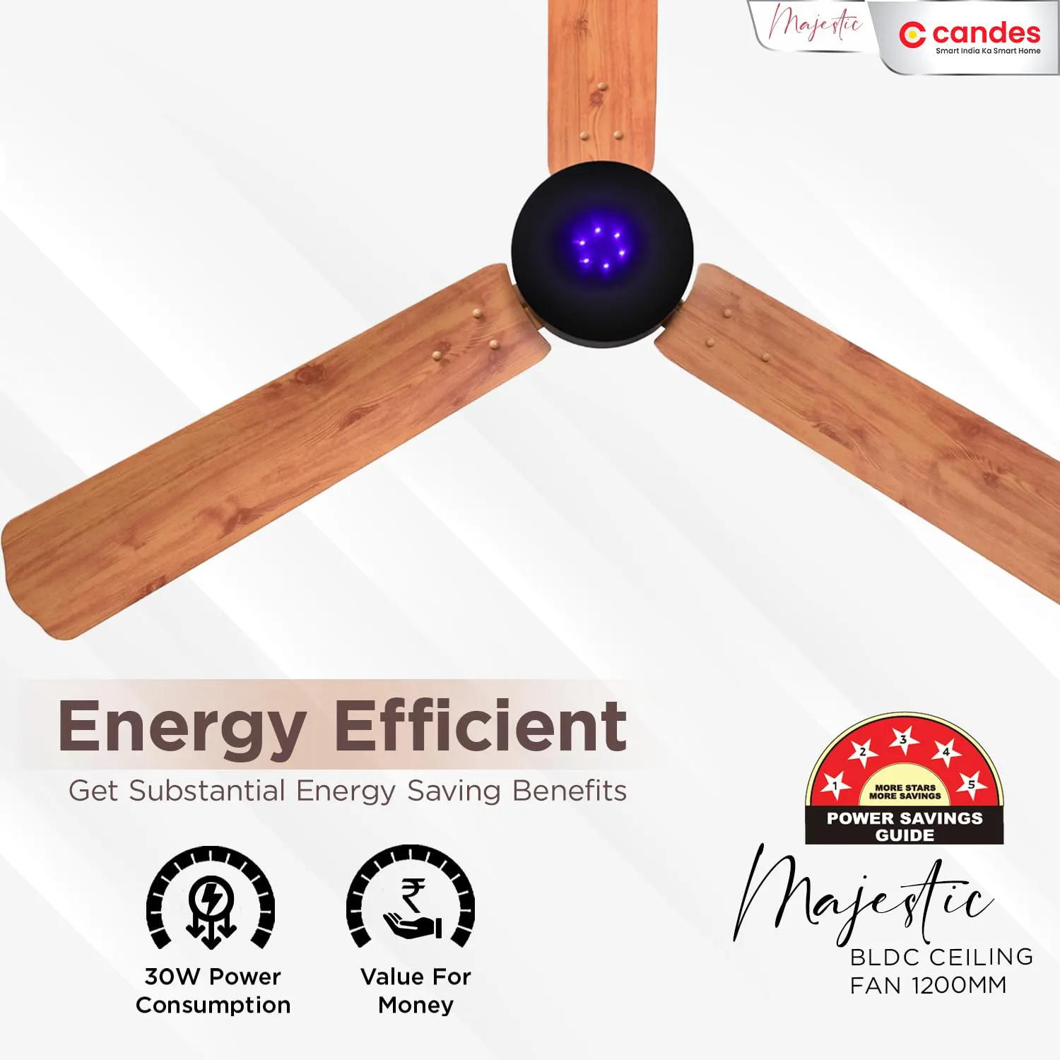 Candes Majestic BLDC LED Ceiling Fan 1200mm / 48 inch | BEE 5 Star Rated, Upto 65% Energy Saving, High Air Delivery & High Speed Ceiling Fans for Home | 2 1 Years Warranty (Wooden)