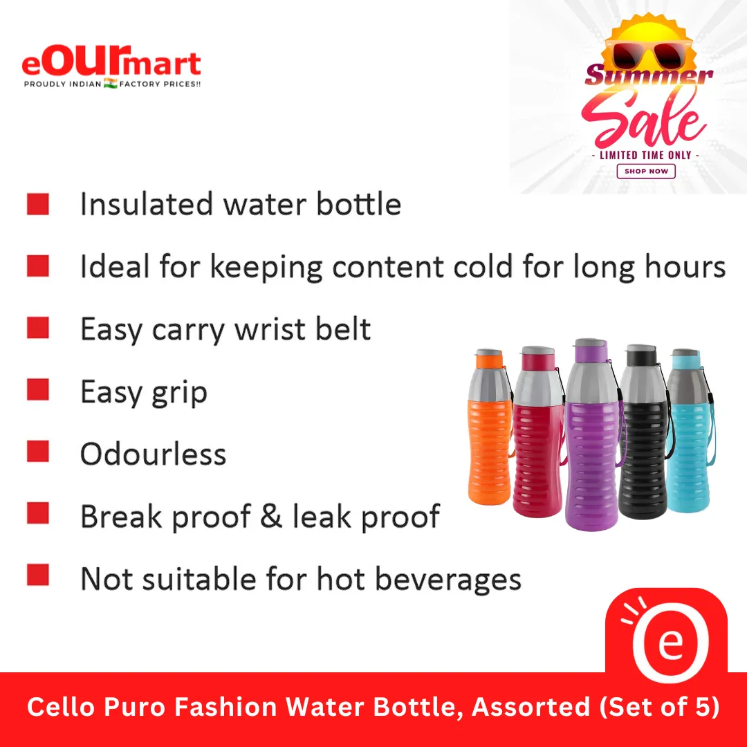 Cello Puro Fashion Water Bottle, Assorted (Set of 5)