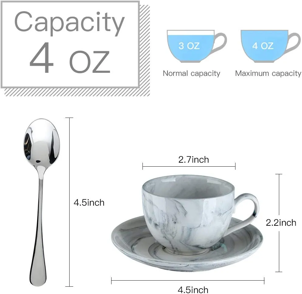 Ceramic Espresso Cups - 4 Ounce Set of 4 with Espresso Spoons