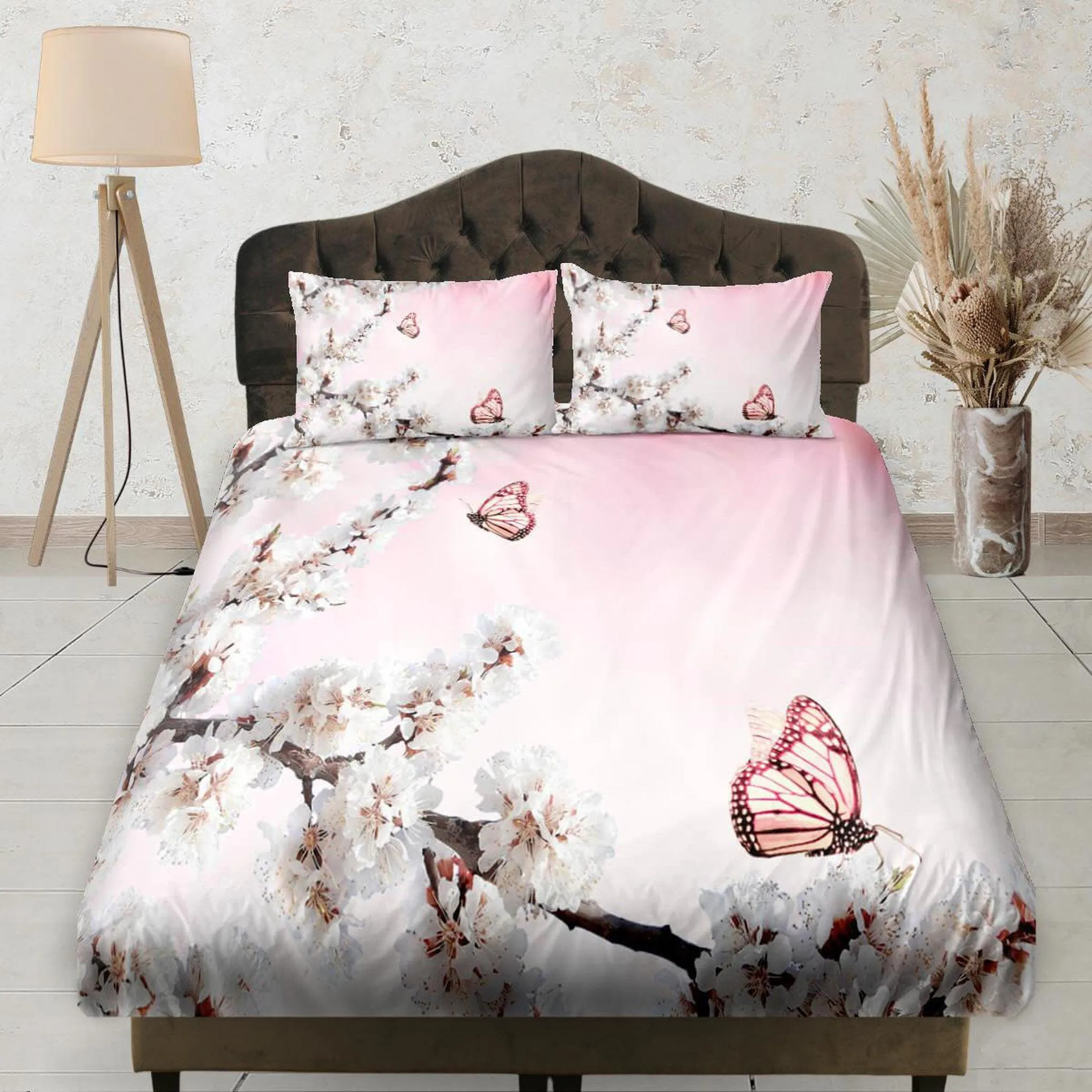 Cherry Blossoms Light Pink Bedding, Fitted Sheet, Deep Pocket, Floral Prints, Aesthetic Boho Bedding Set, Dorm Bedding, Shabby Chic Bedding