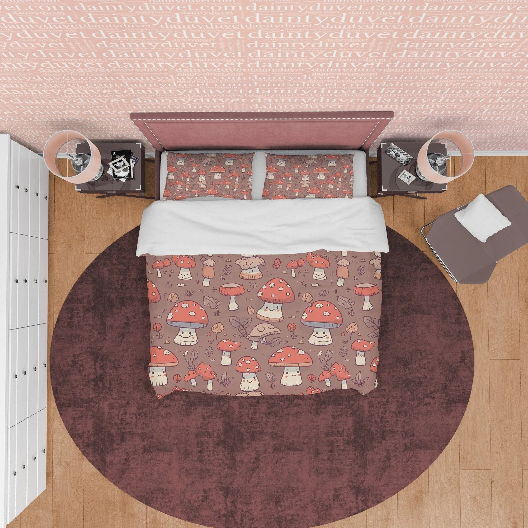 Choco Brown Retro Bedding Set, Mushroom Duvet Cover, Cute Toddler Room Quilt Cover, Unique Bedspread, Jolly Bed Cover, Zipper Bedding