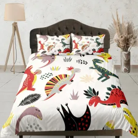 Colorful dinosaurs white bedding, kids bedding full, cute duvet cover set, nursery bed decor, colorful bedding, baby dinosaur, toddler