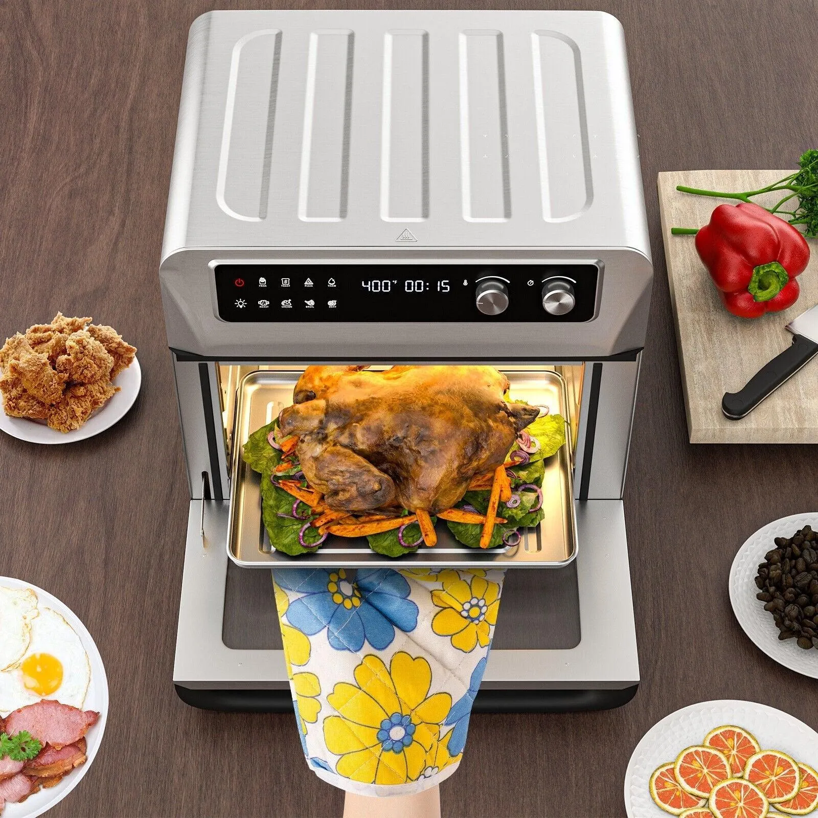 Convection Air Fryer ES10091US-SL,8-in-1 Toaster Oven with 5 Accessories and Recipe