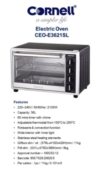 Cornell Electric Convection Oven 36L 2100W CEOE3621SL