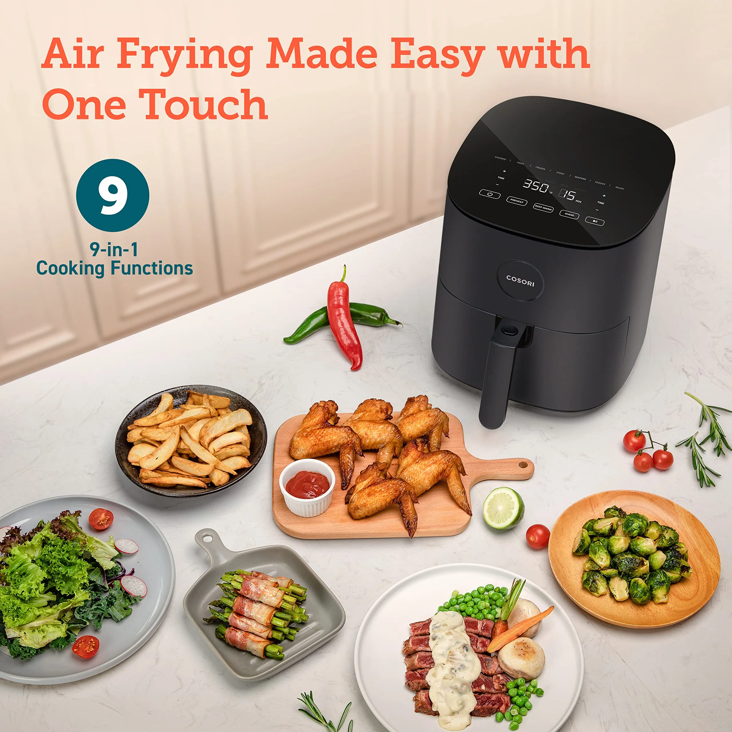 COSORI Air Fryer Oven Pro LE 5-Qt Airfryer, Quick Meals, UP to 450℉, Quiet, 85% Oil less, Recipes, 9 in 1, Compact, Dishwasher Safe