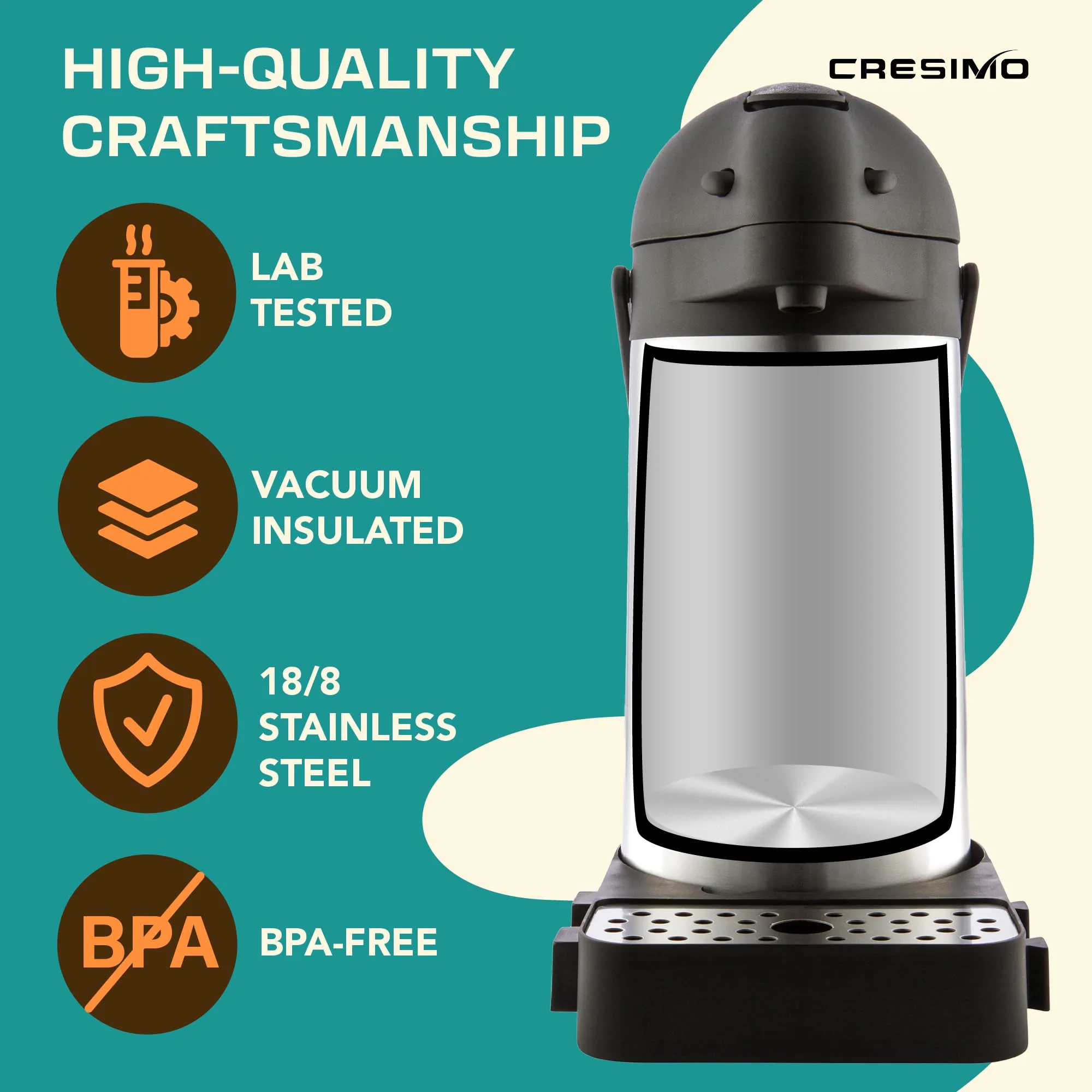 Cresimo 101 Oz (3L) Airpot Thermal Coffee Carafe/Lever Action/Stainless Steel Insulated Thermos / 12 Hour Heat Retention / 24 Hour Cold Retention (Airpot with Drip Tray)